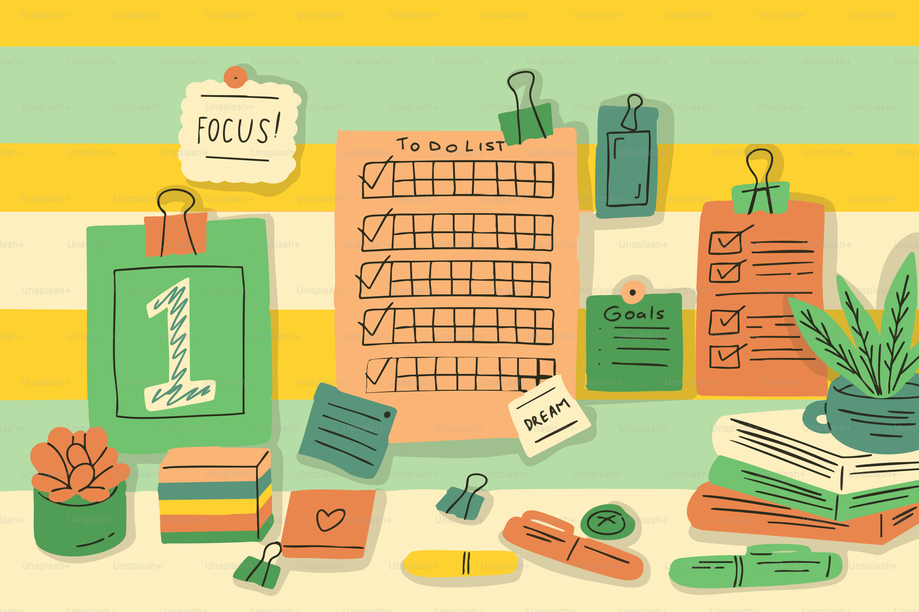 やることリストや事務用品が並んだ机のセットアップ。