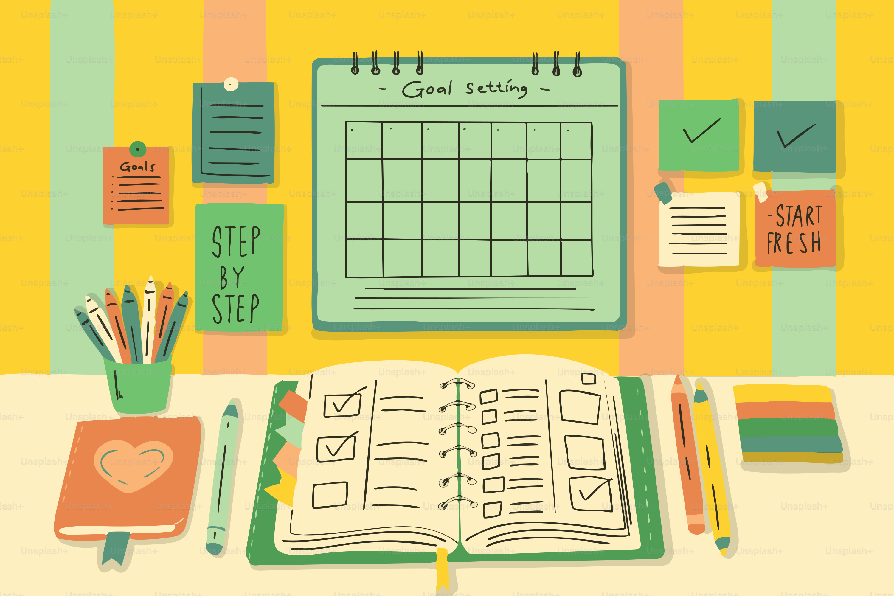 Mesa com planejador, calendário e materiais de arte