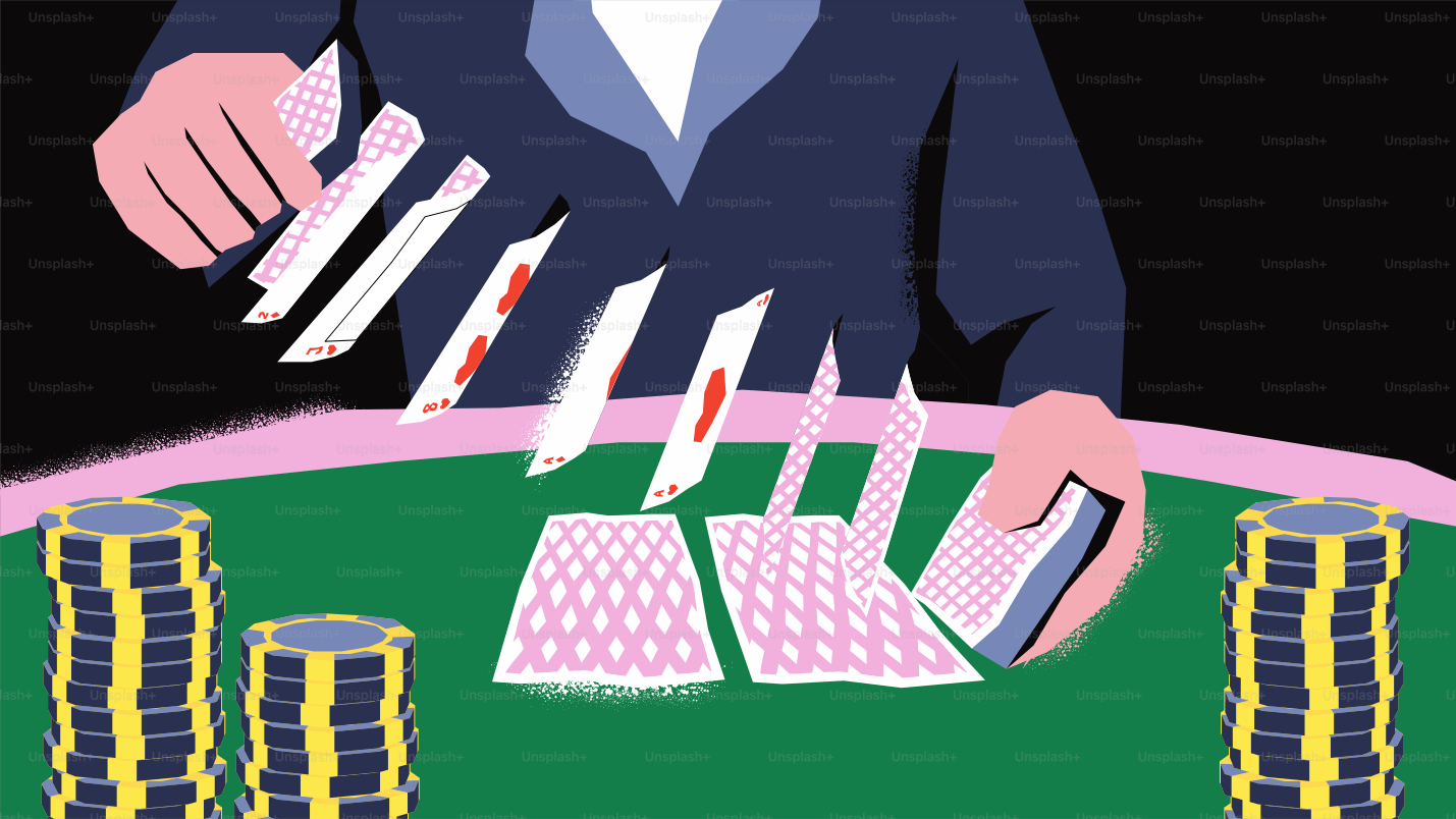 Dealer shuffling cards at a poker table with chips.