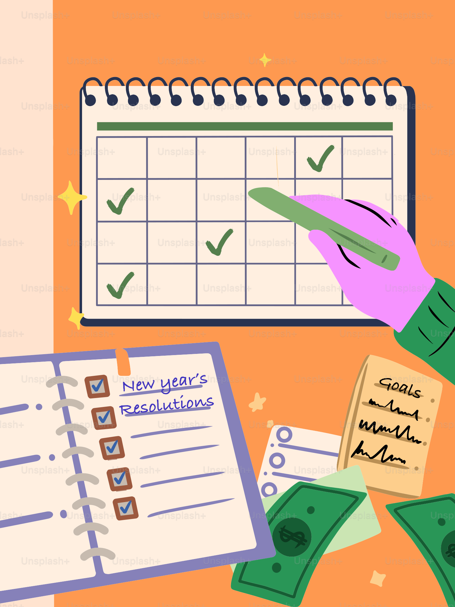 New year's resolutions checklist with calendar and money vector – Money ...