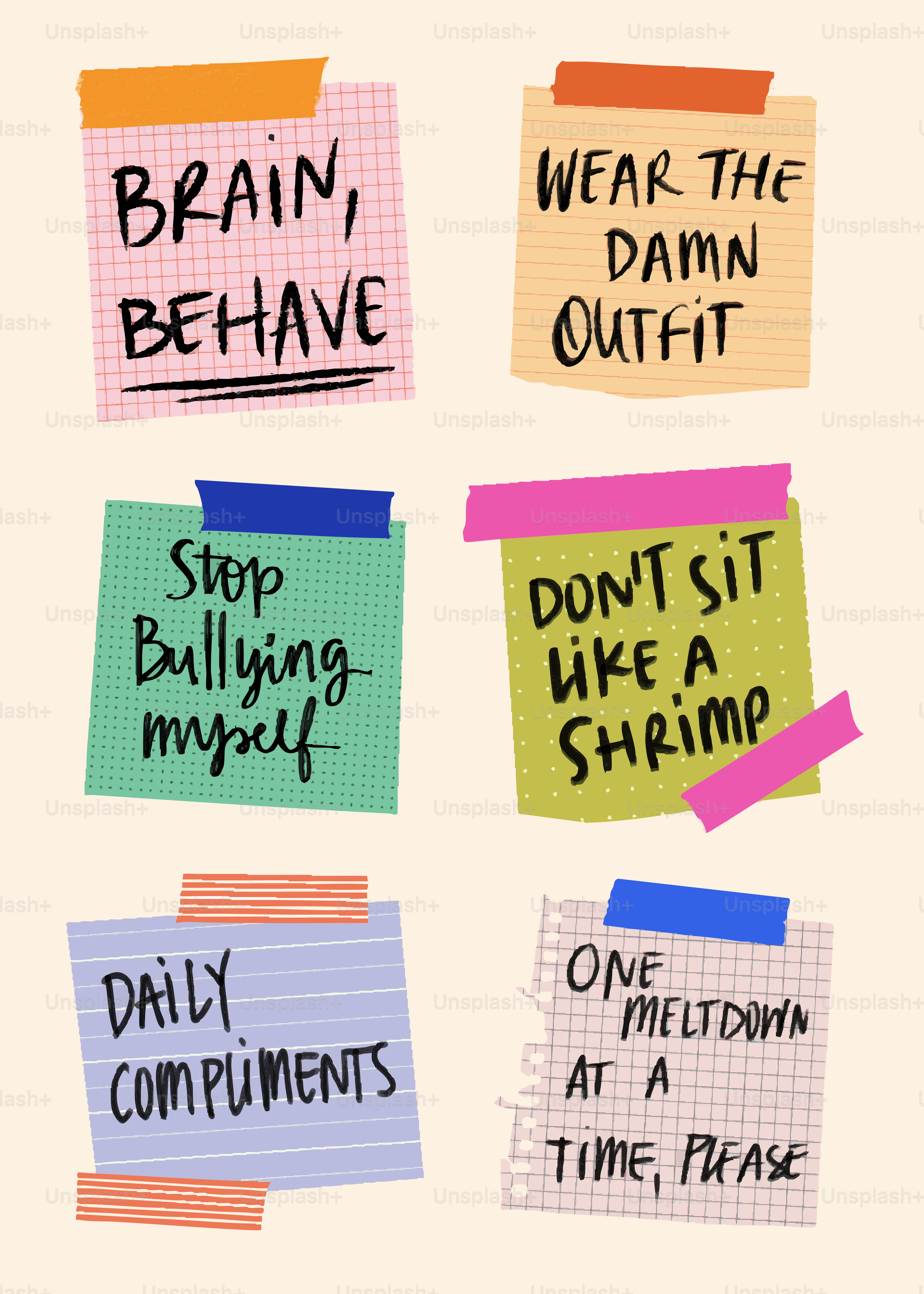 Sei post-it con messaggi motivazionali scritti a mano.