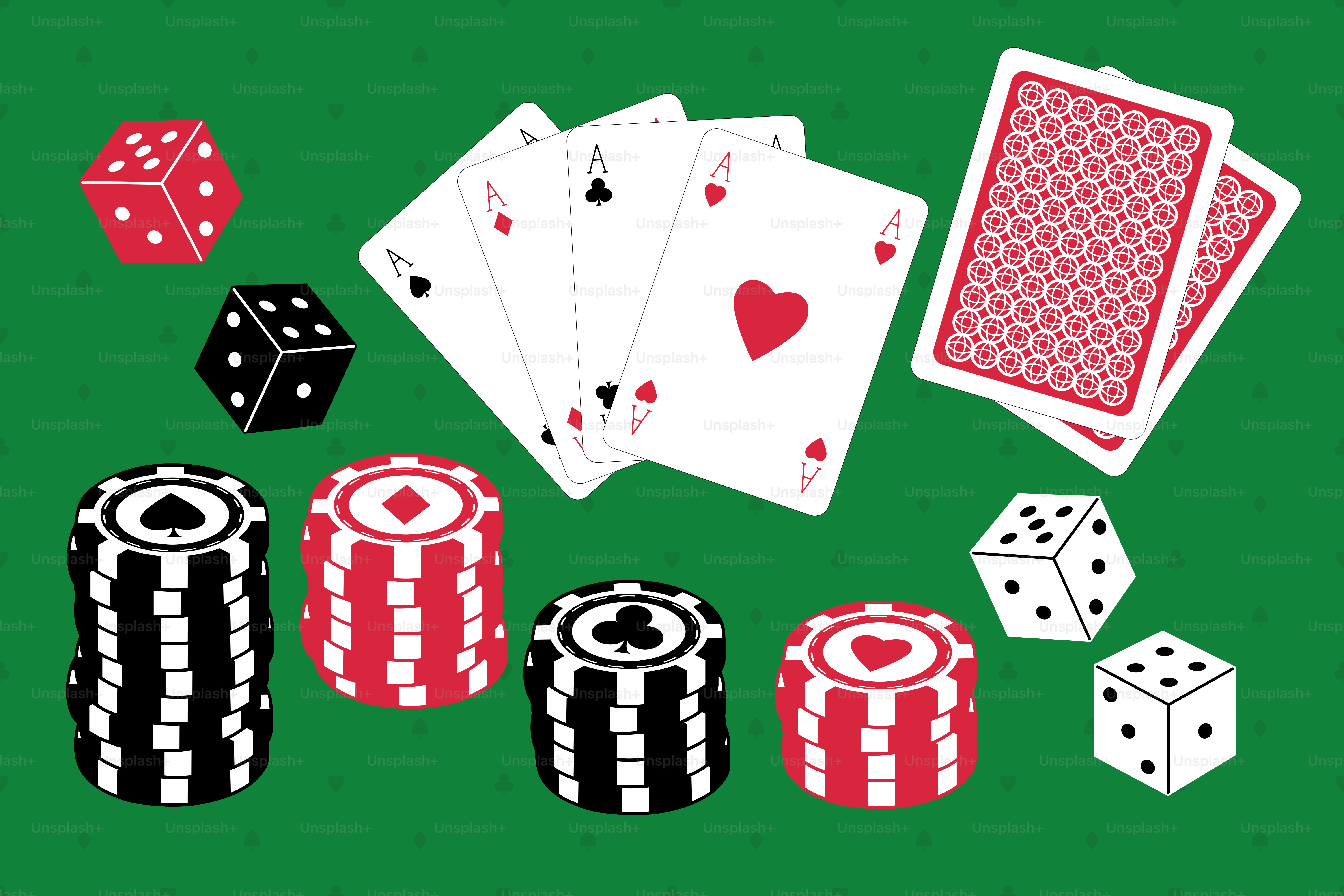 Pokerchips, Würfel und Spielkarten auf grünem Hintergrund