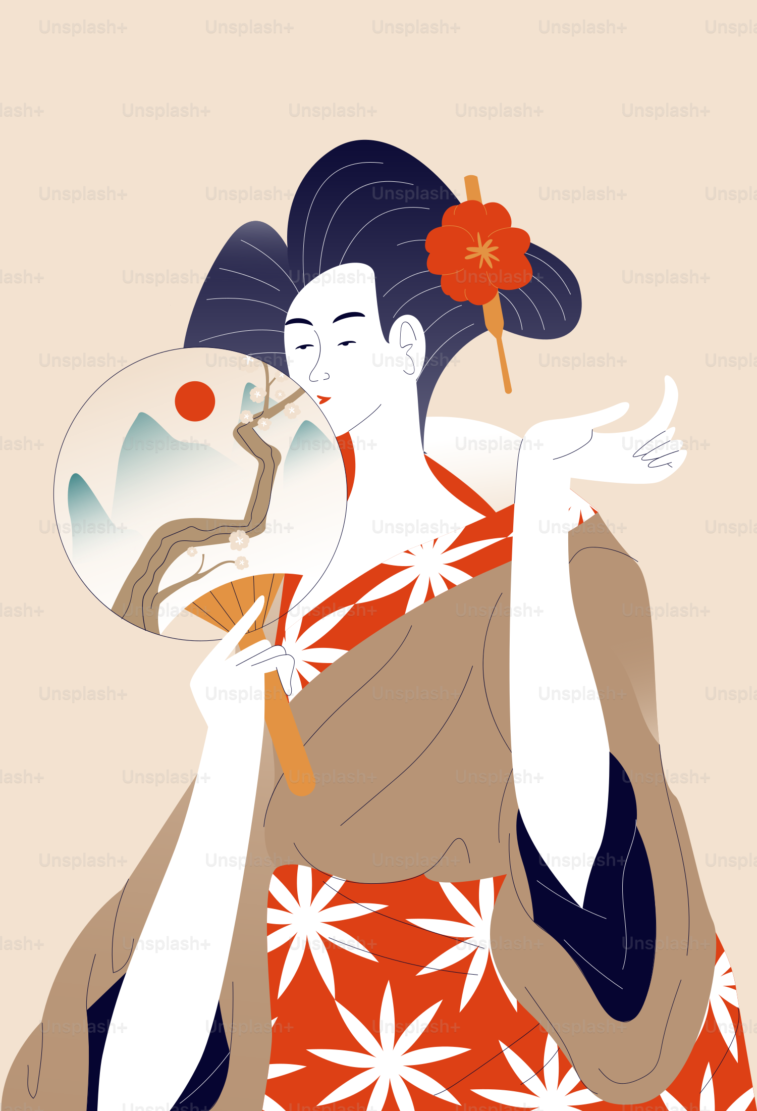 Woman in traditional japanese kimono holding a fan.