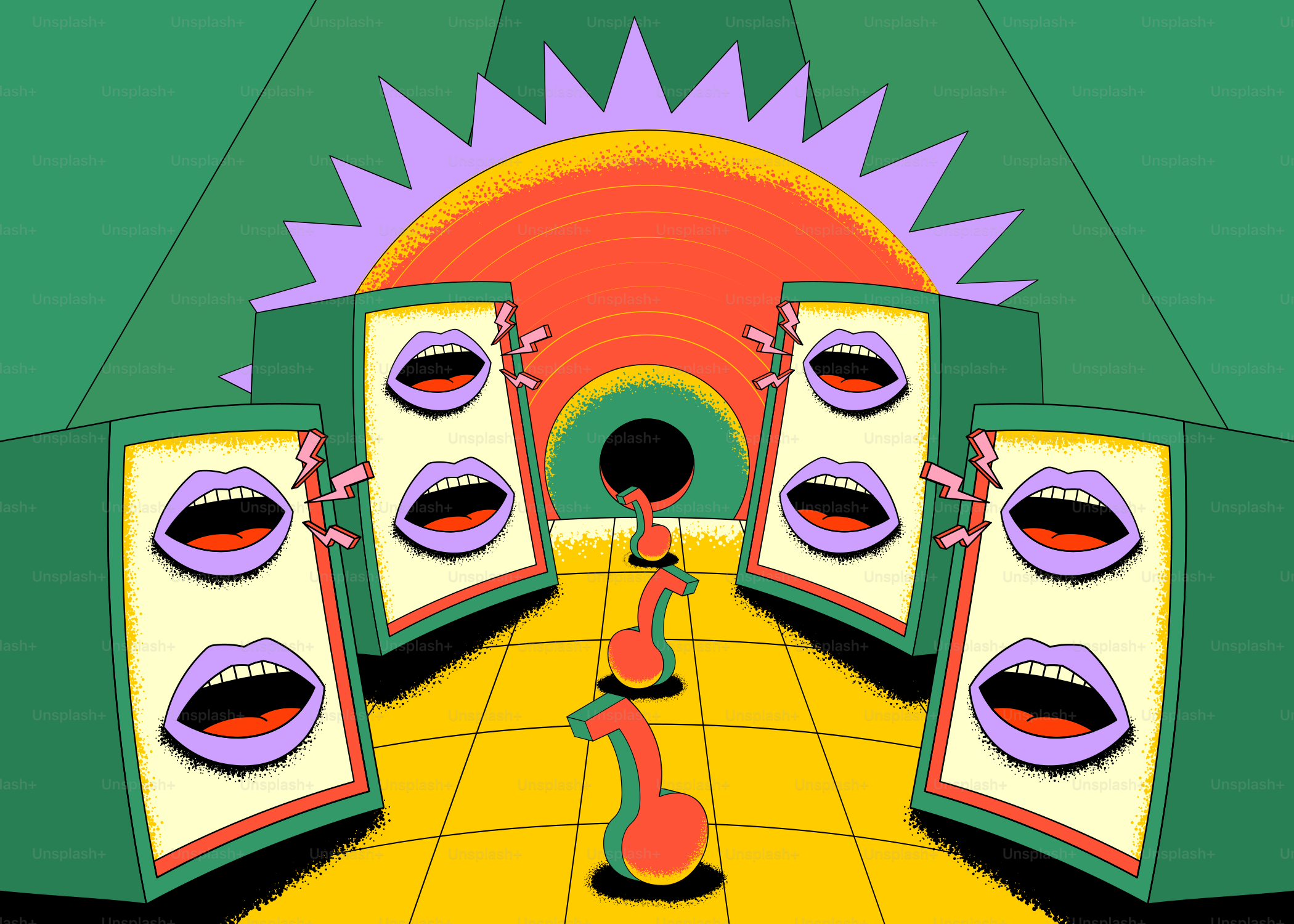 Cena surreal com alto-falantes e um sol