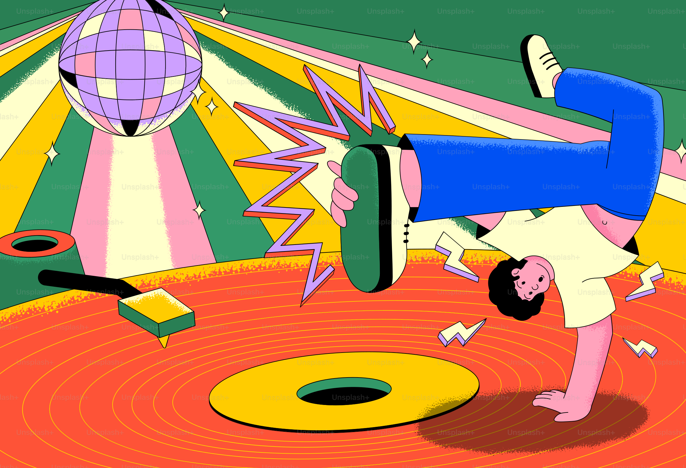 Pessoa dançando breakdance com bola de discoteca e toca-discos