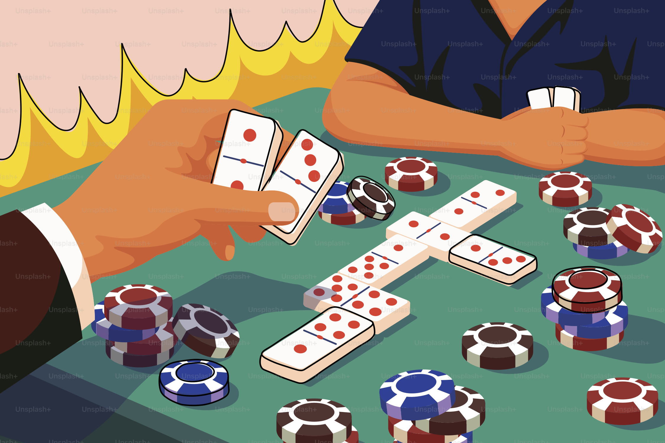 People playing dominoes with poker chips on table