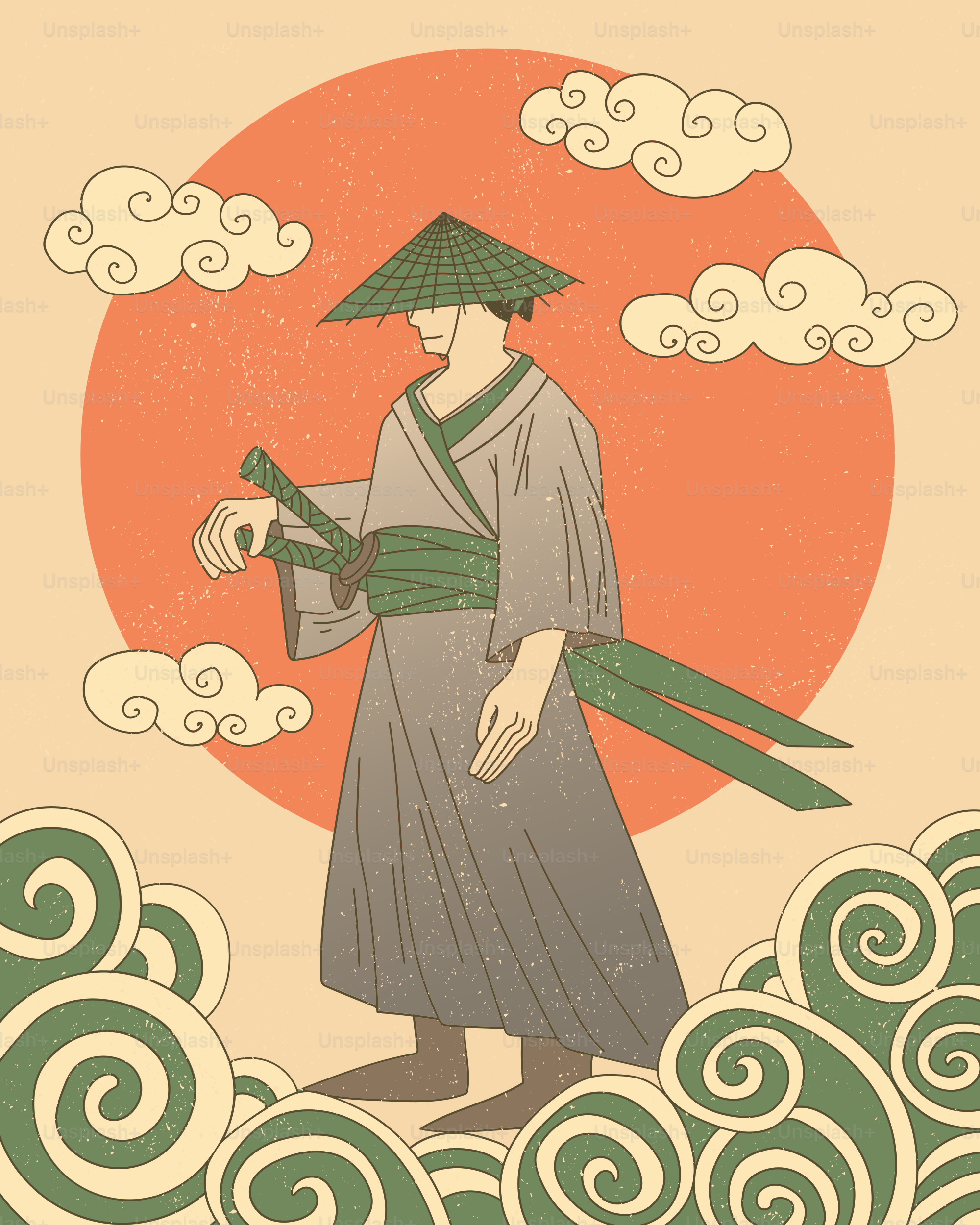 Samurai-Krieger mit Schwertern und kegelförmigem Hut