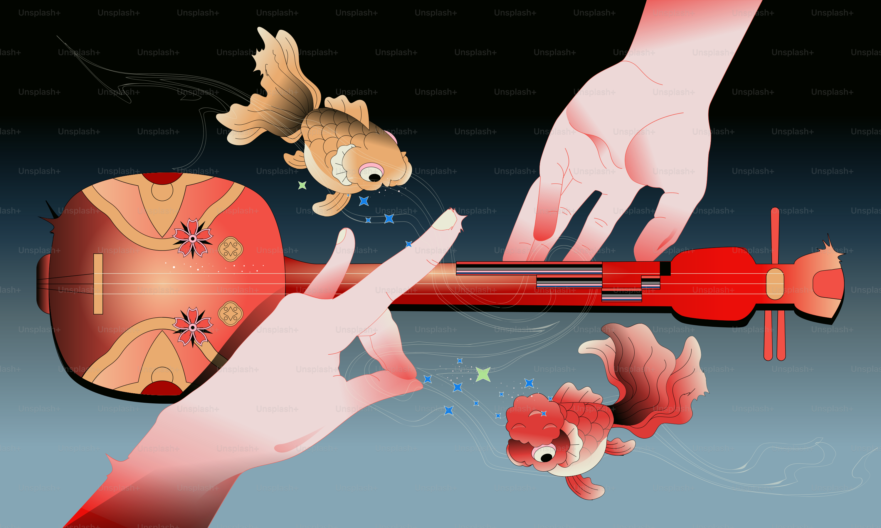 Hands playing a red instrument with goldfish