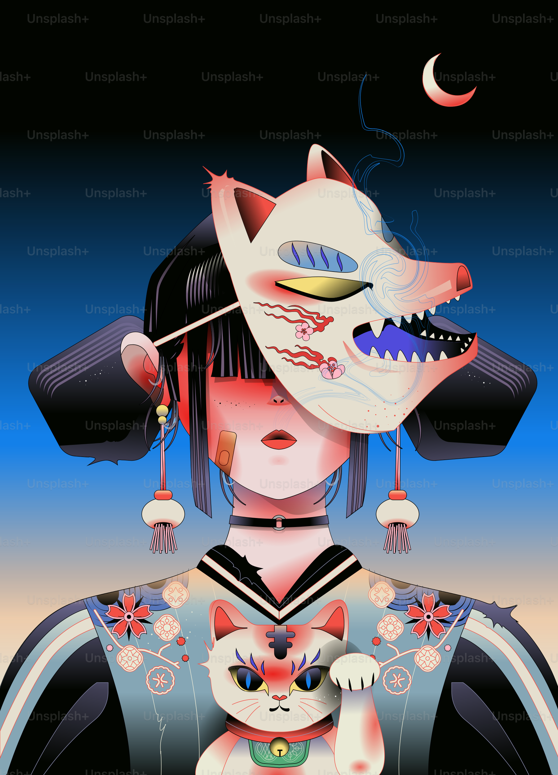 Mujer con una máscara de zorro y un gato de la suerte