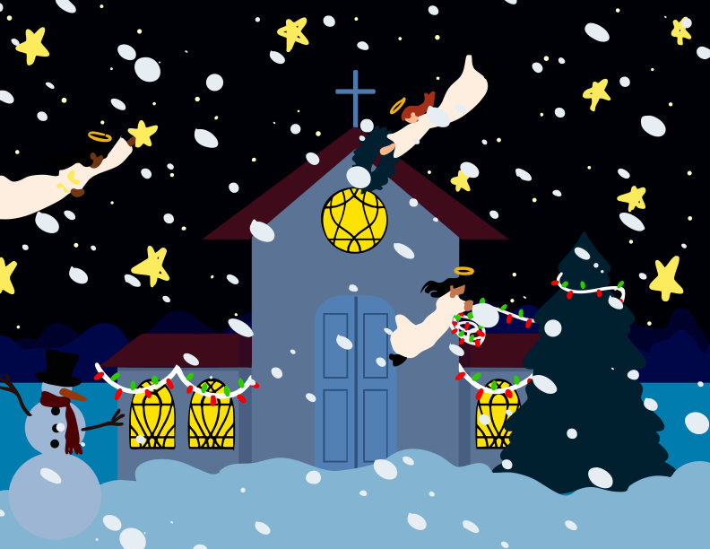 Los ángeles vuelan alrededor de una iglesia durante una noche de Navidad nevada.