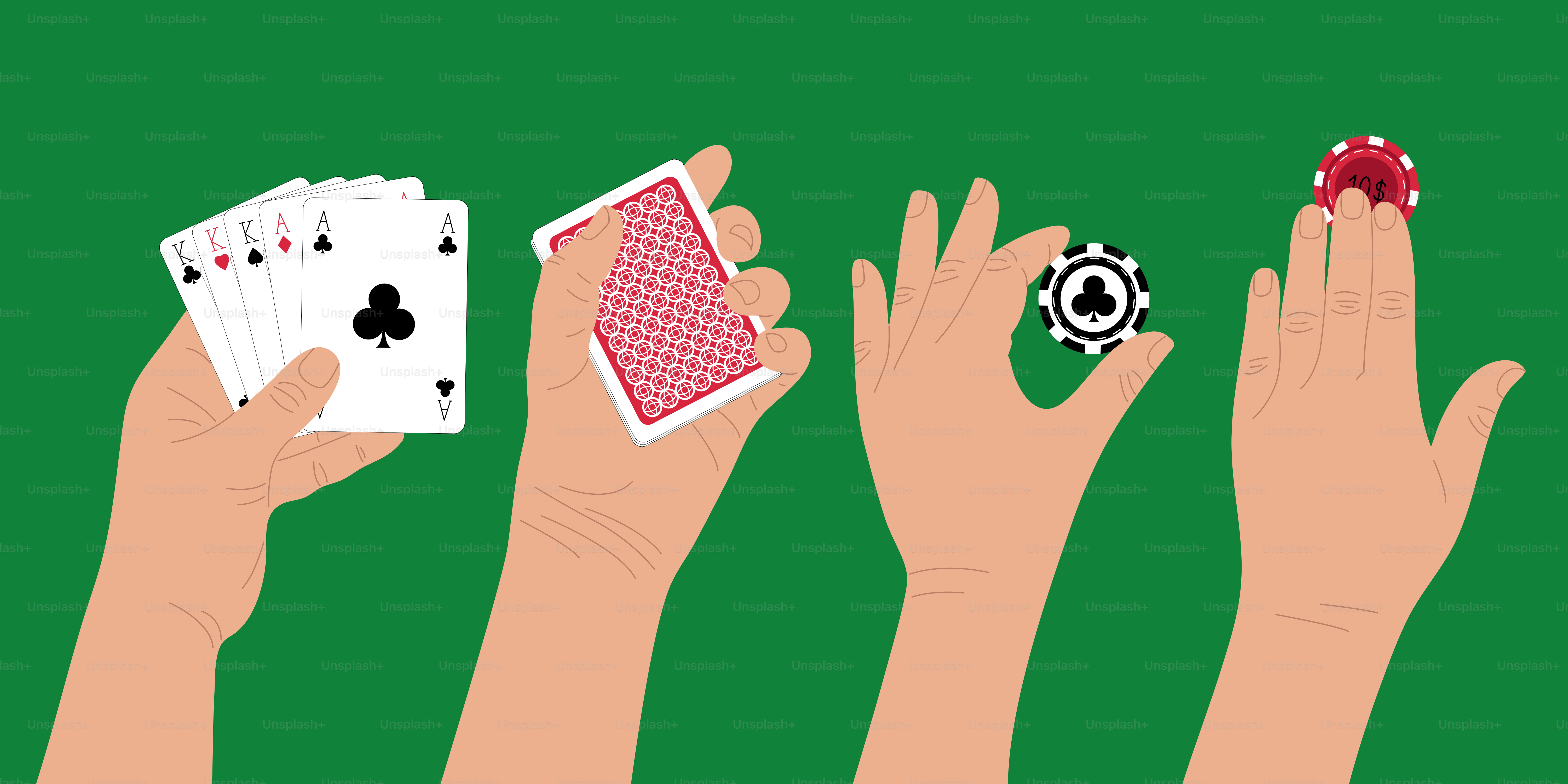 Hands holding playing cards and poker chips on green