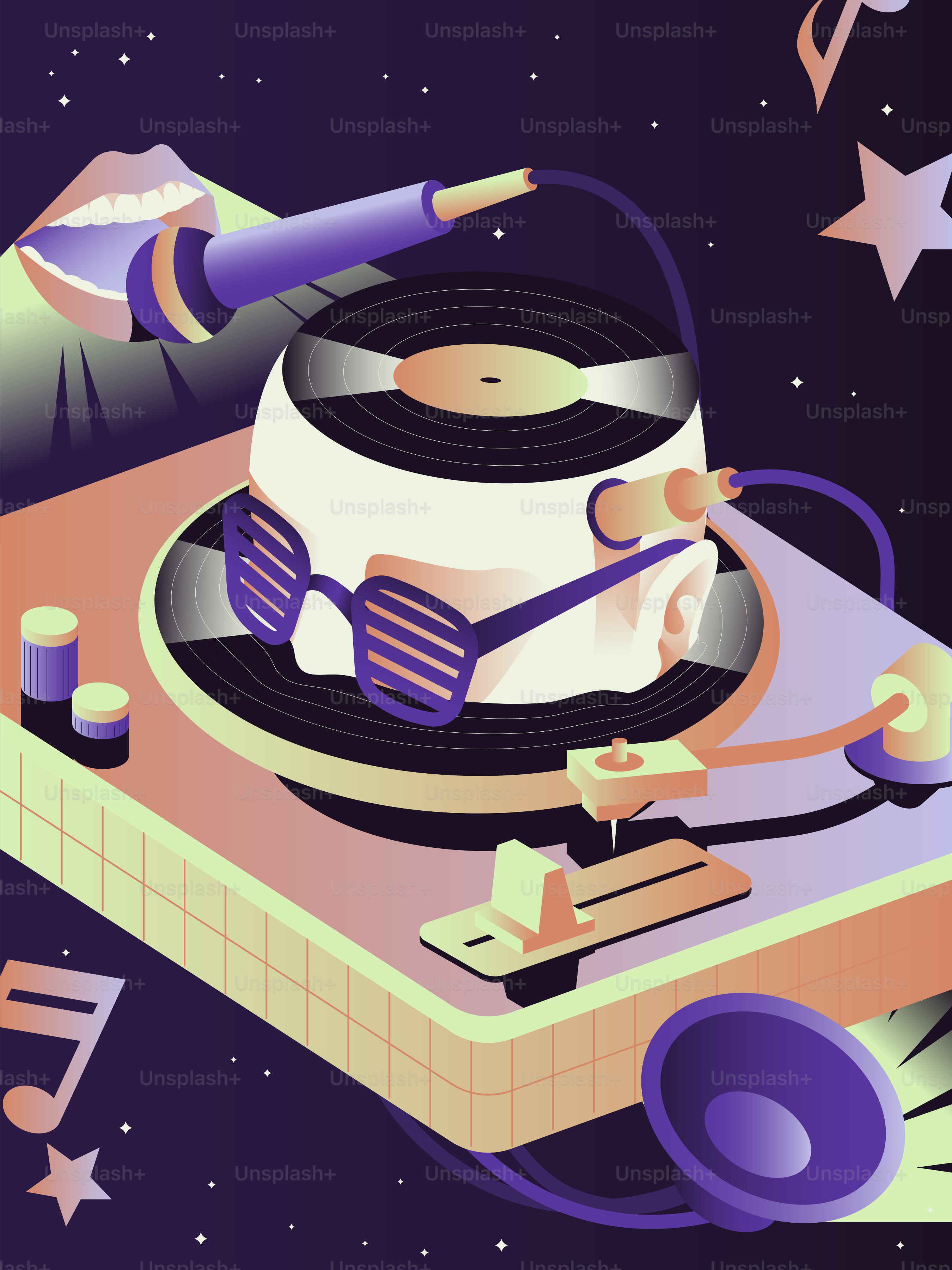 Platine avec casque, lunettes de soleil et microphone