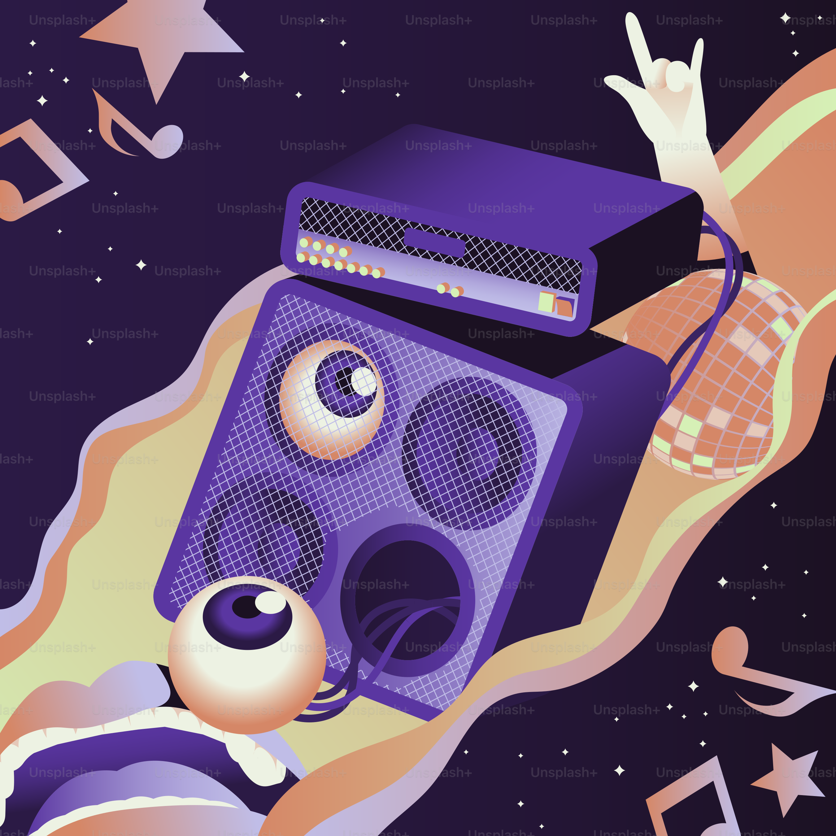 A surreal music scene with speakers and eyes