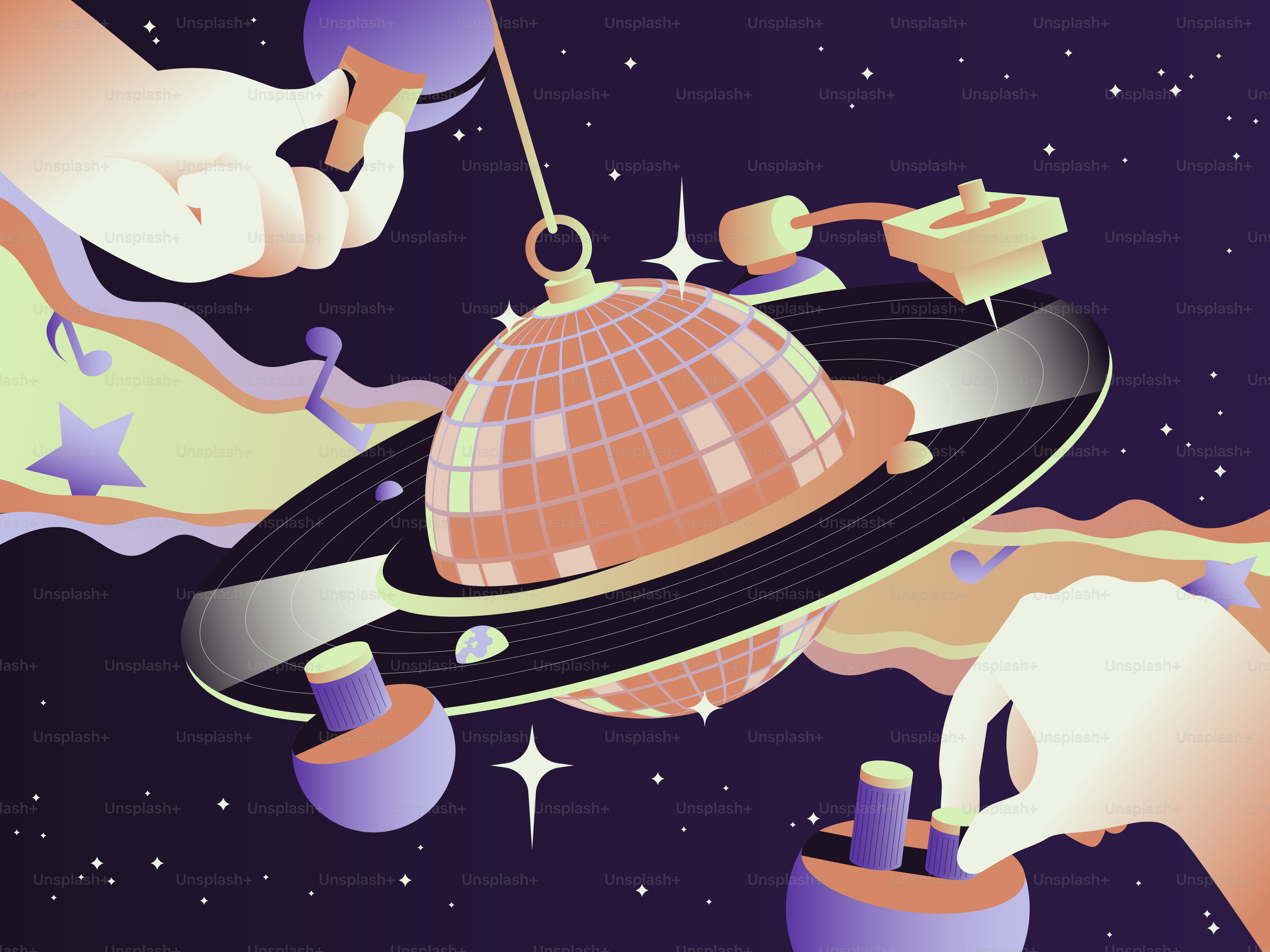 Disco ball planet spins on vinyl record in space