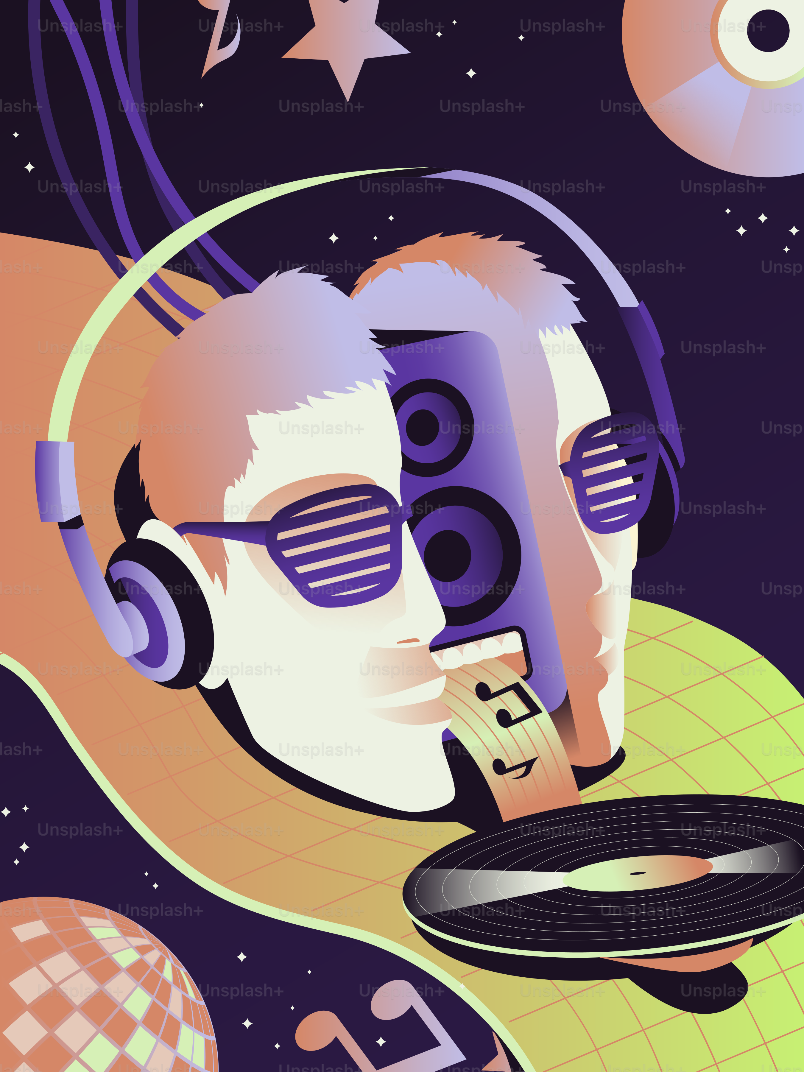 Two men with headphones and sunglasses enjoying music