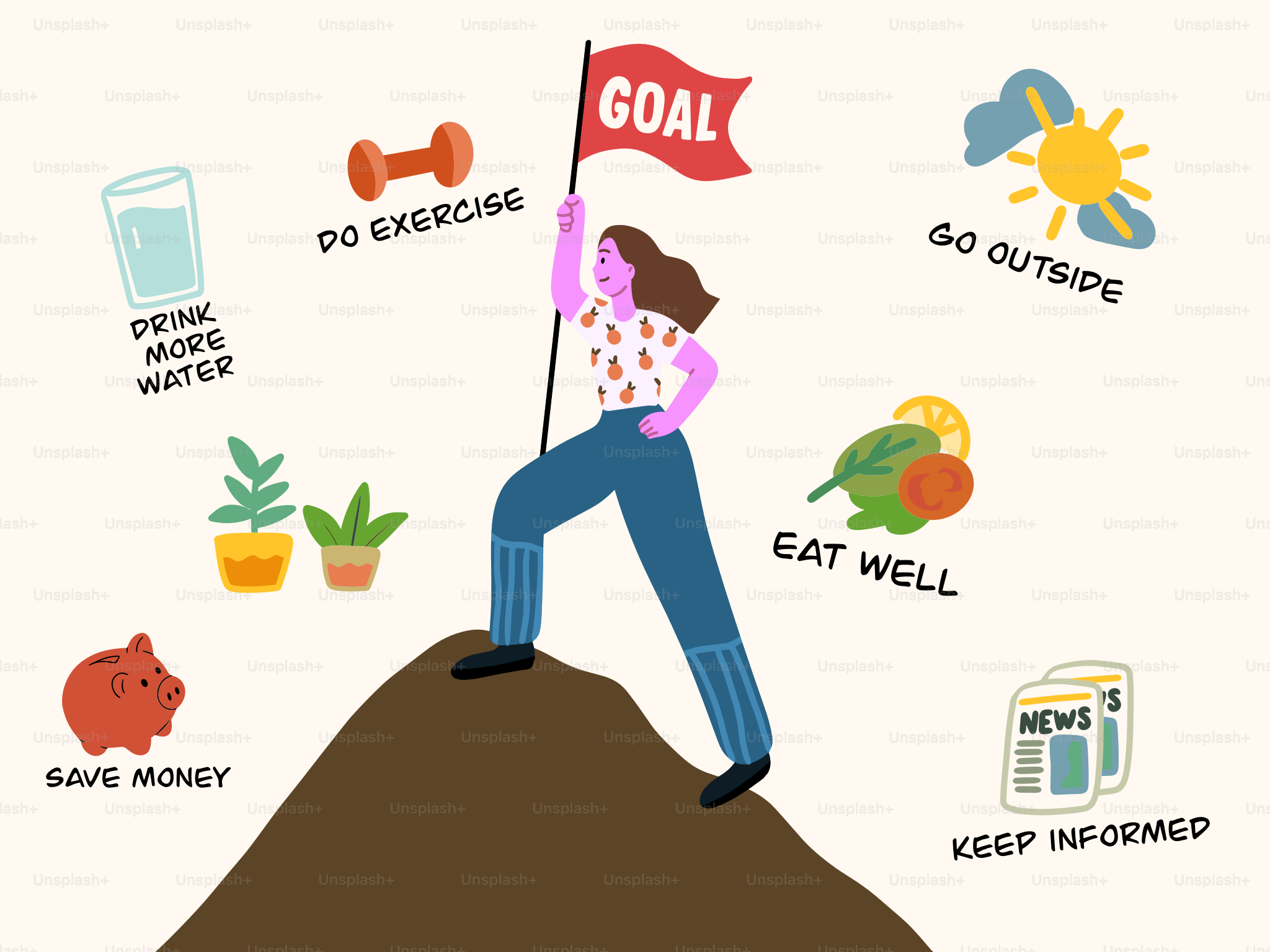 Frau auf dem Berggipfel mit Zielflagge und gesunden Gewohnheiten