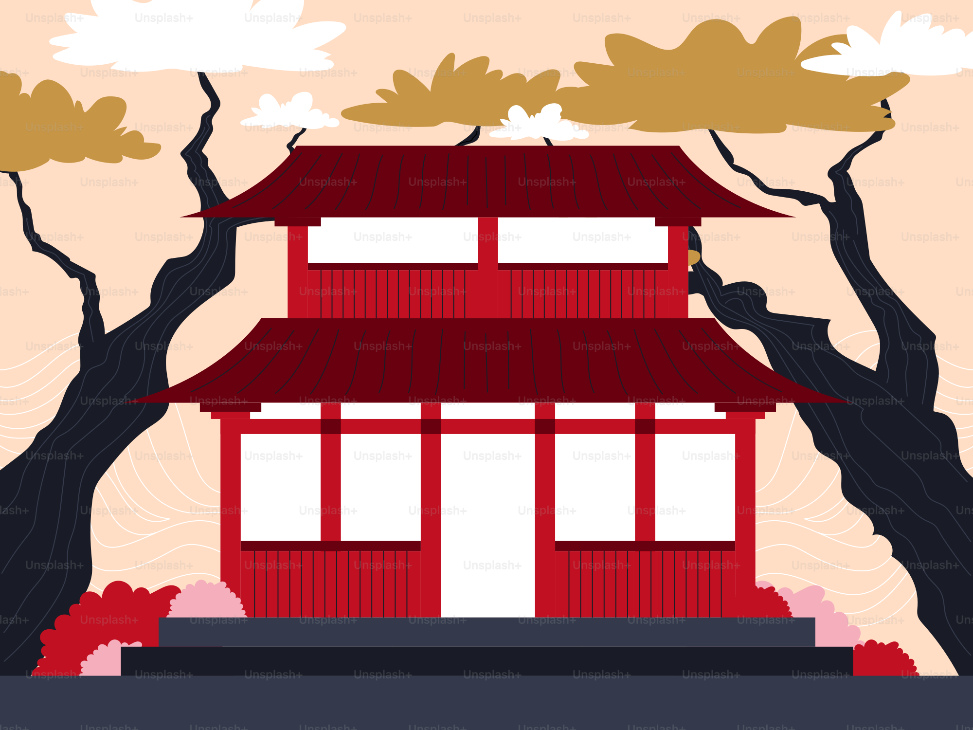Traditional red japanese building with trees and clouds