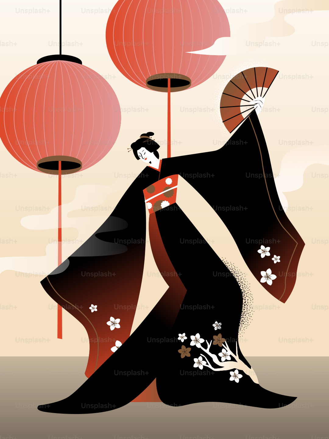 Woman in kimono with fan and lanterns