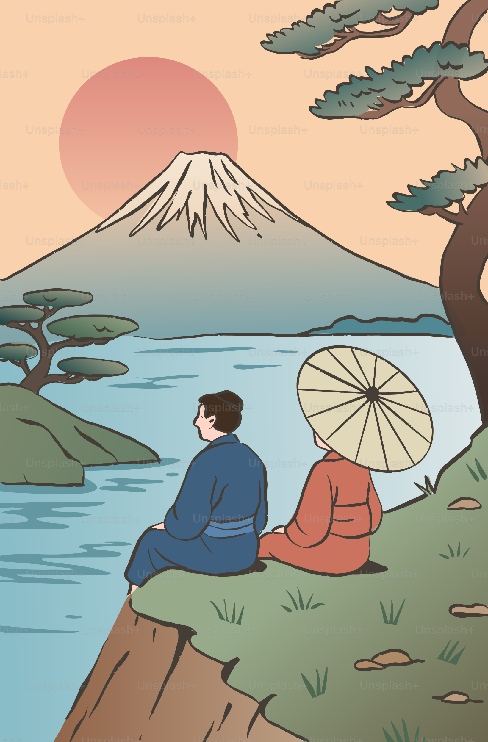 Couple watches mount fuji at sunset