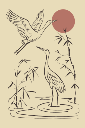 Two cranes in water with bamboo and sun.