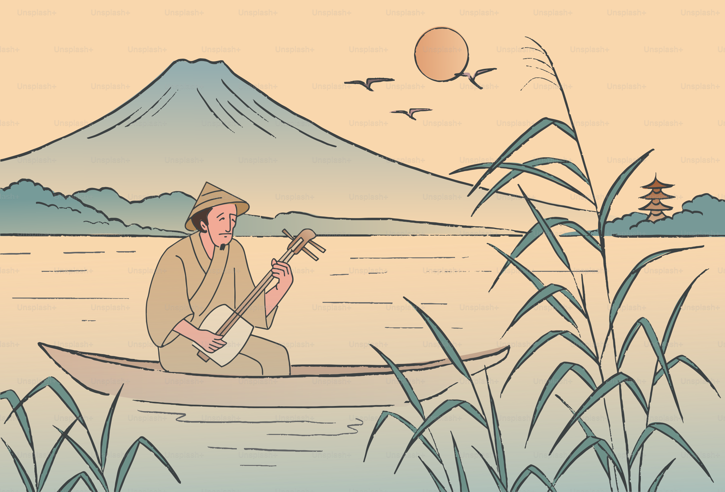 Man playing shamisen in a boat with mount fuji.