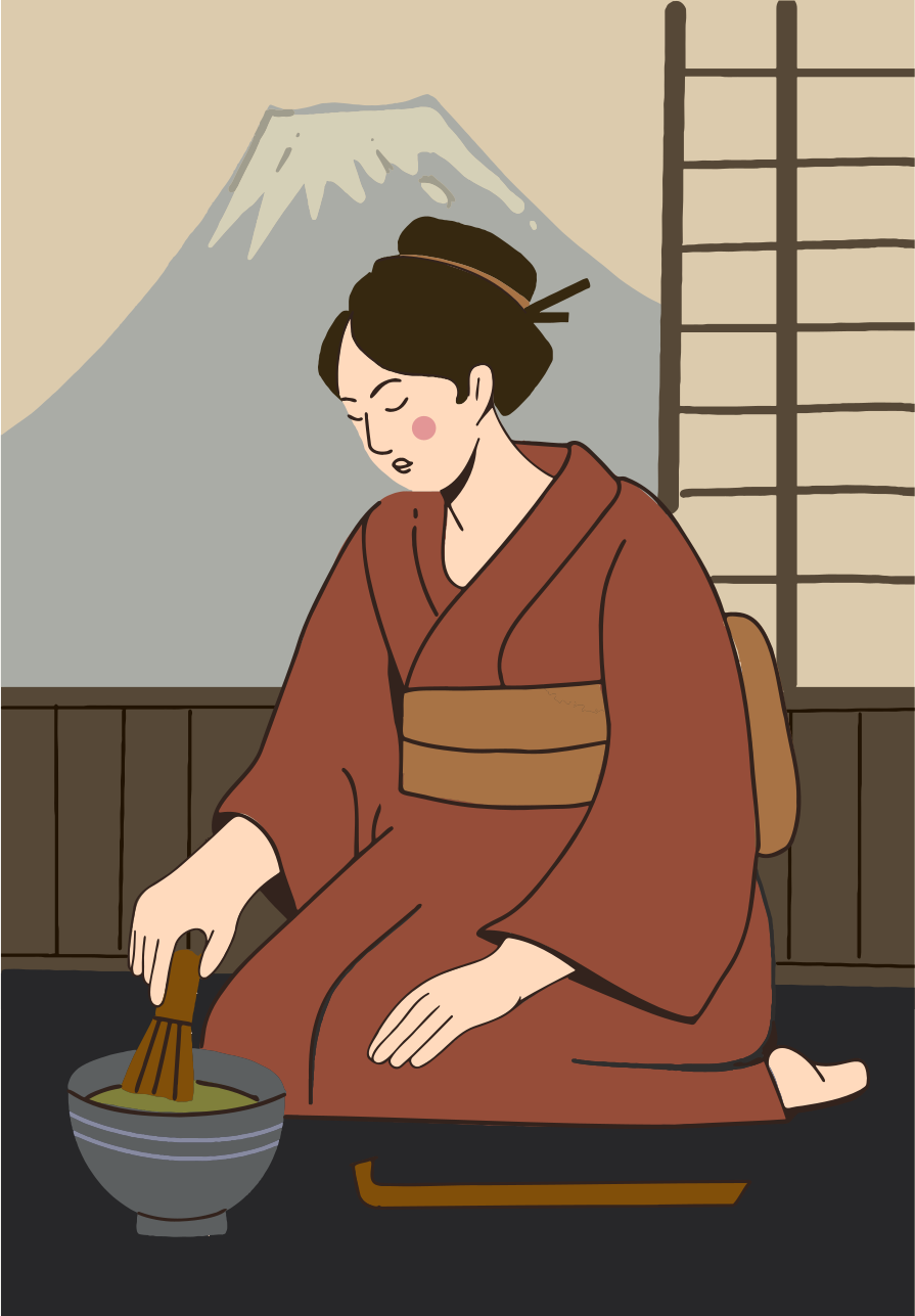 Woman in kimono preparing matcha tea with mount fuji.