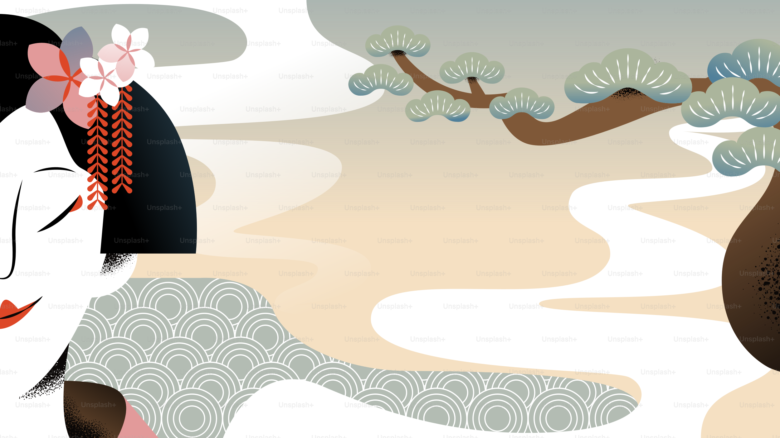 Traditional japanese geisha with pine branch and clouds.