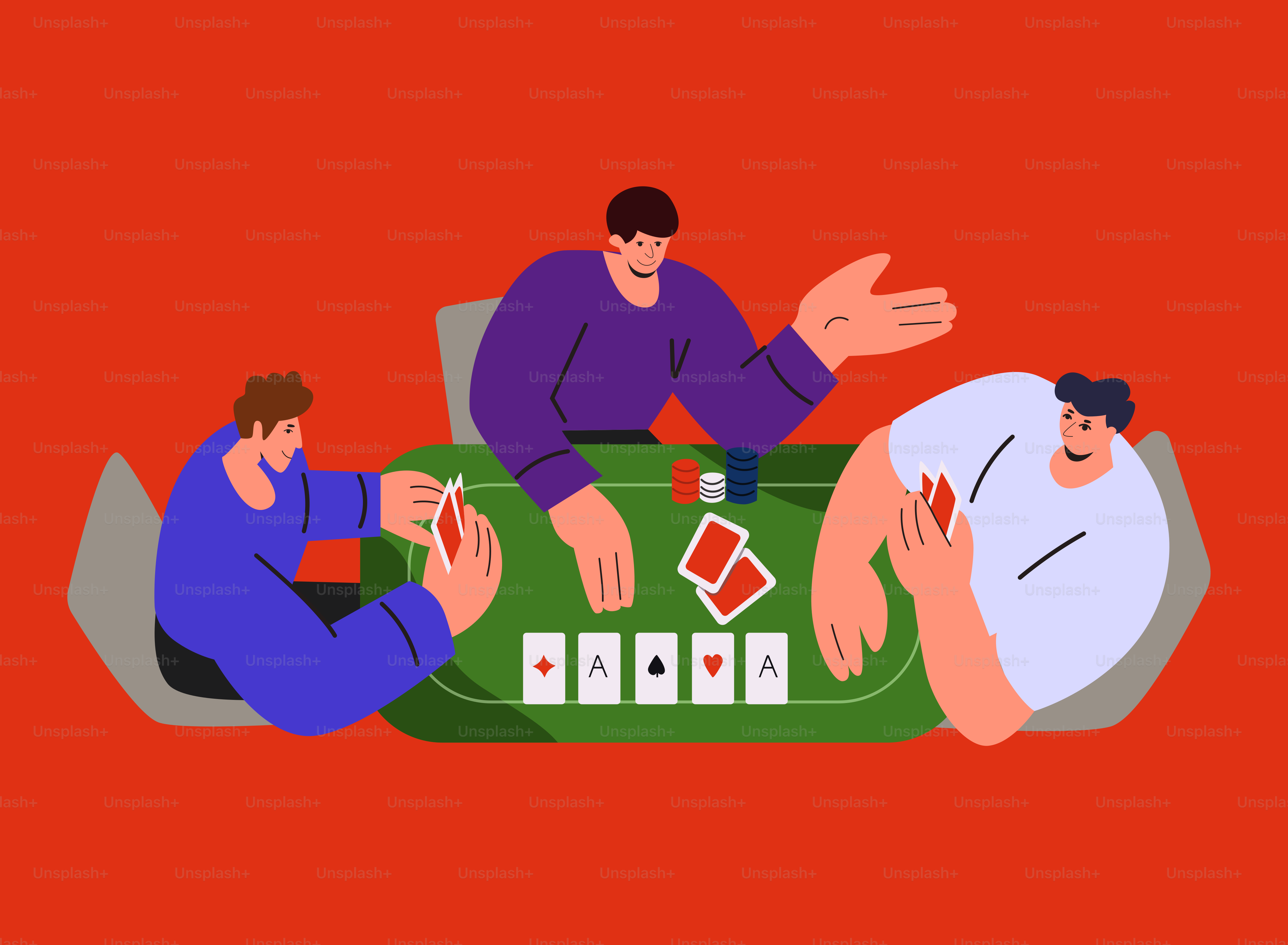 Tre uomini che giocano a carte a un tavolo verde.