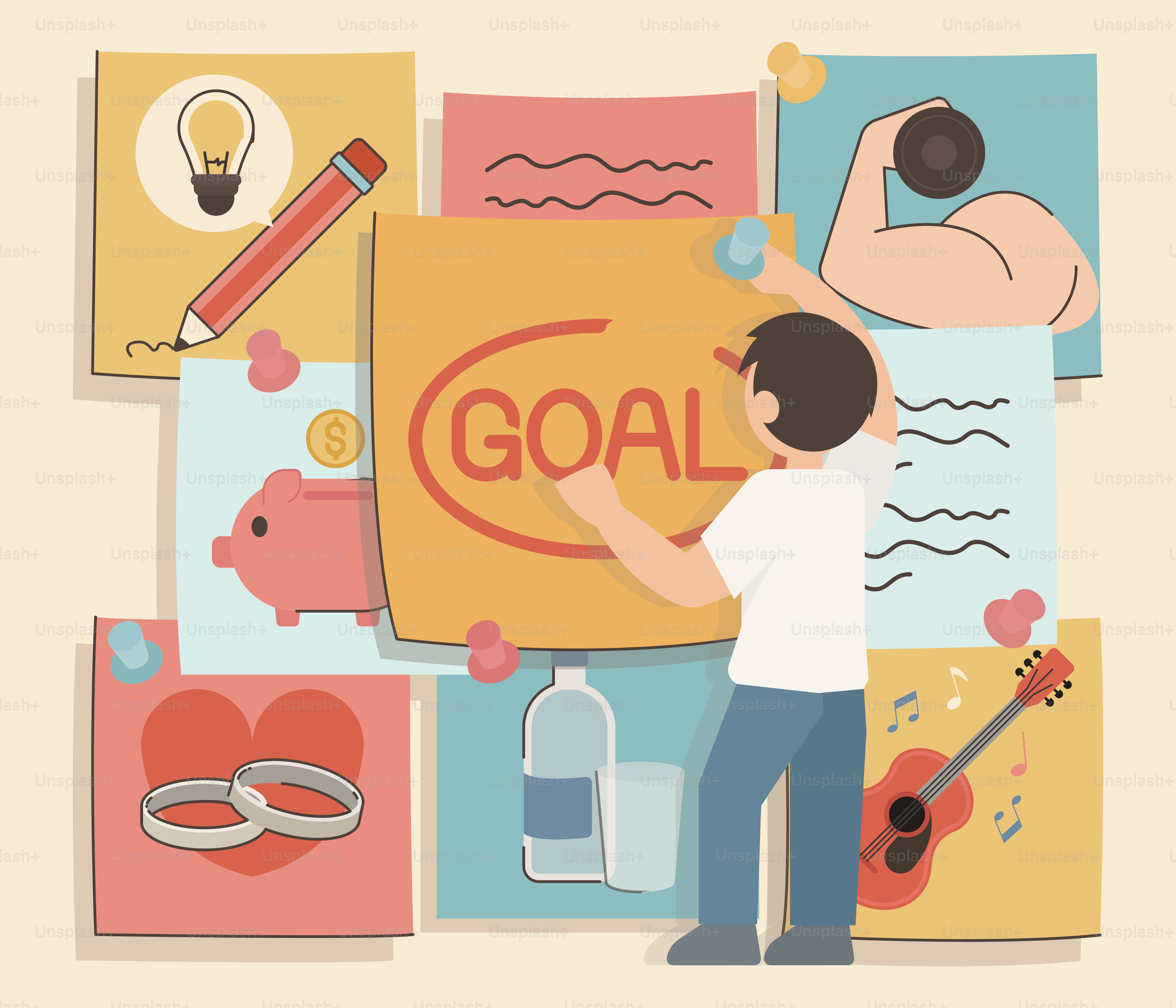 Man pinning goal on vision board with life elements