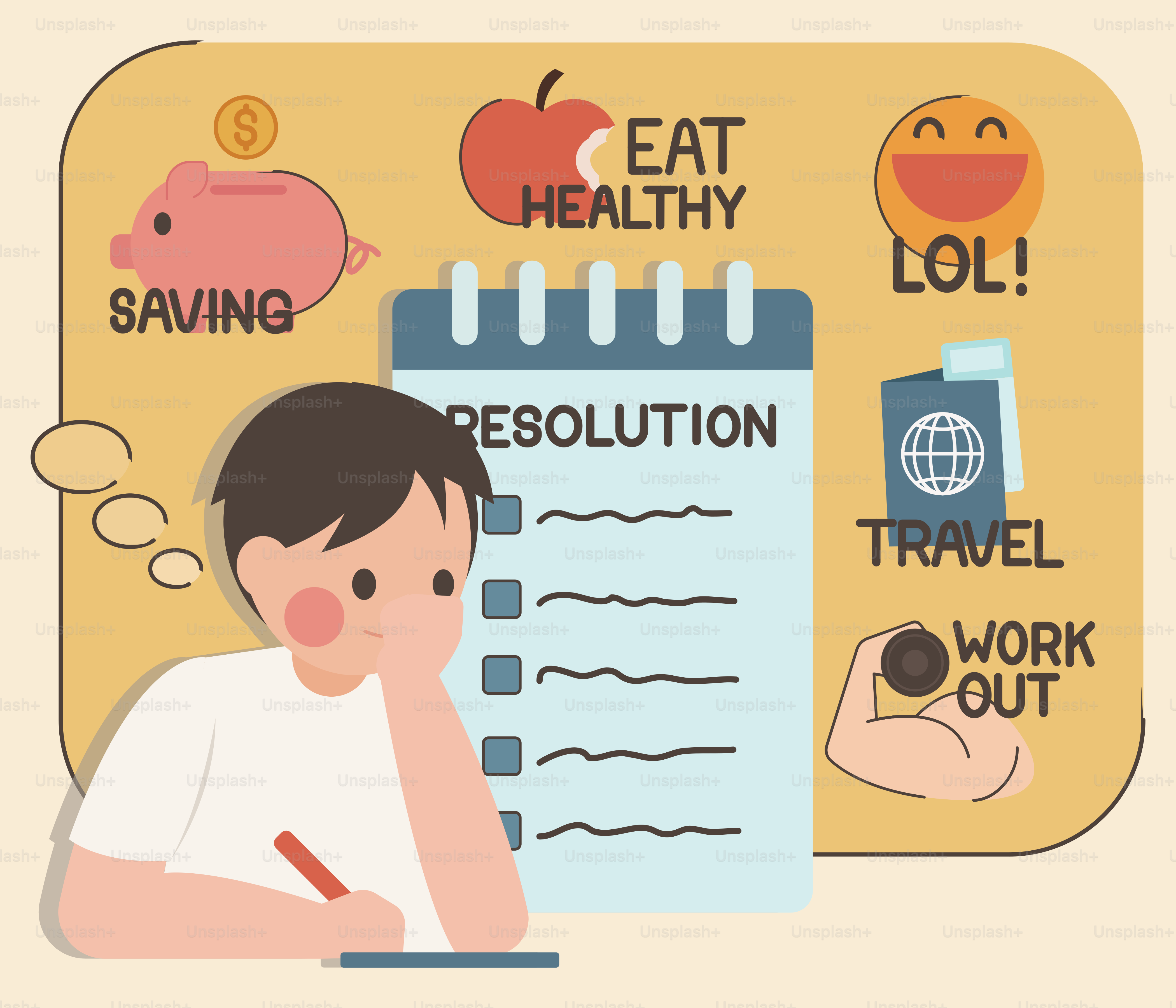 Man making resolutions for saving, eating healthy, travel, workout