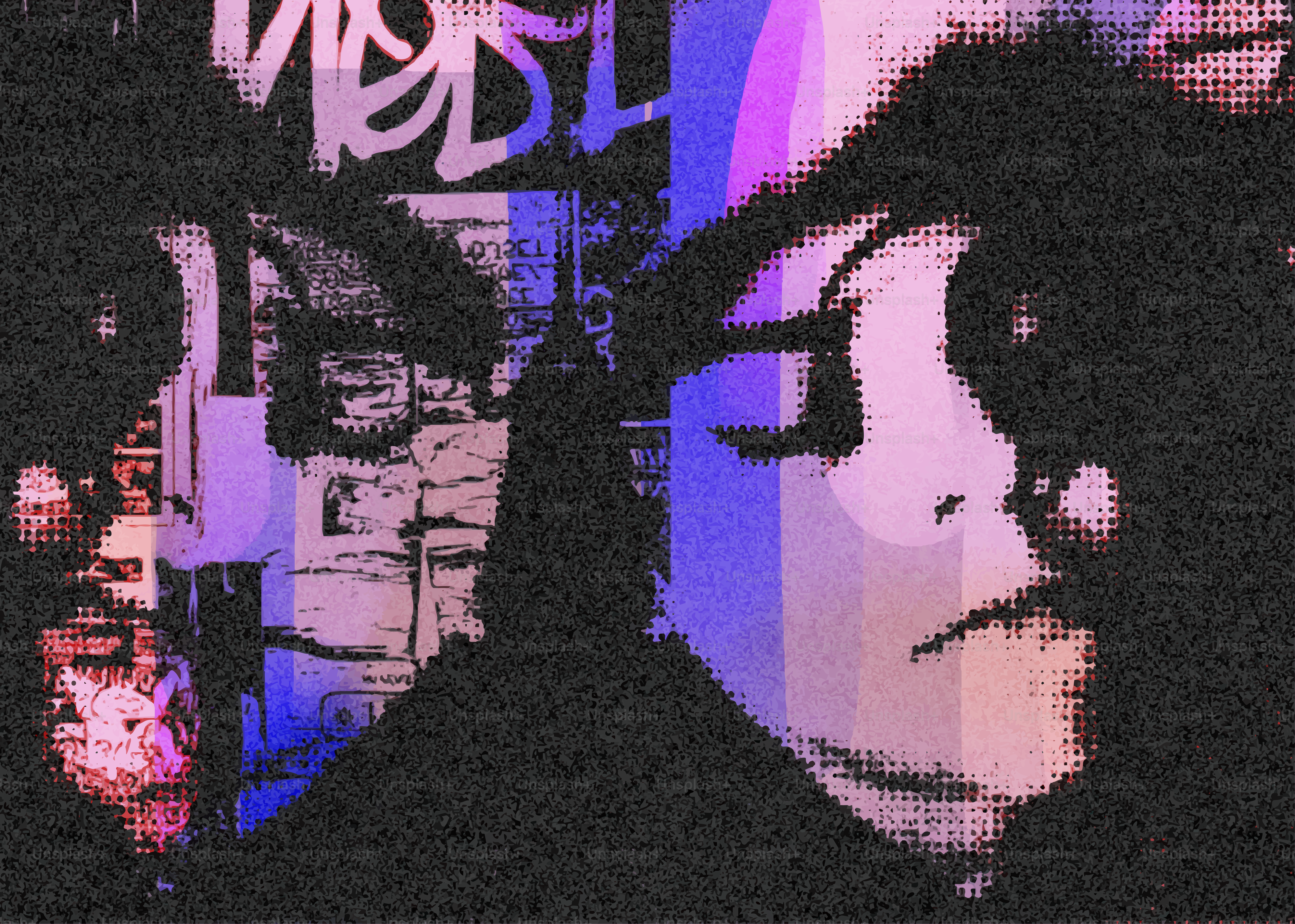 Two faces with graffiti in the background