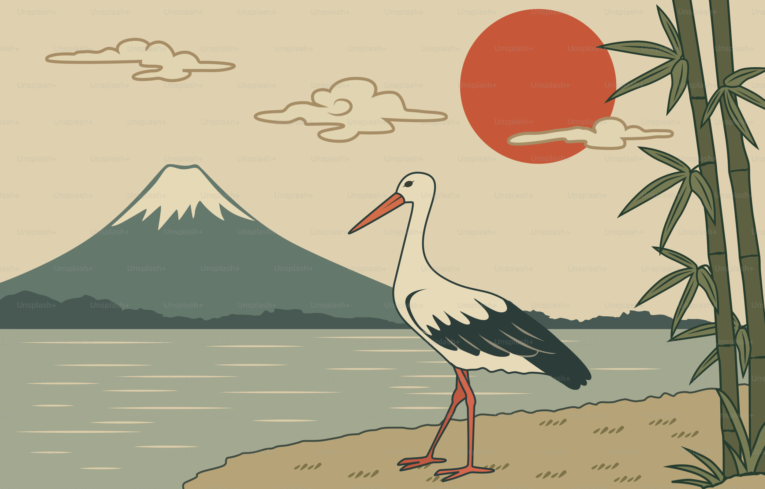 Stork by water with mount fuji and sun