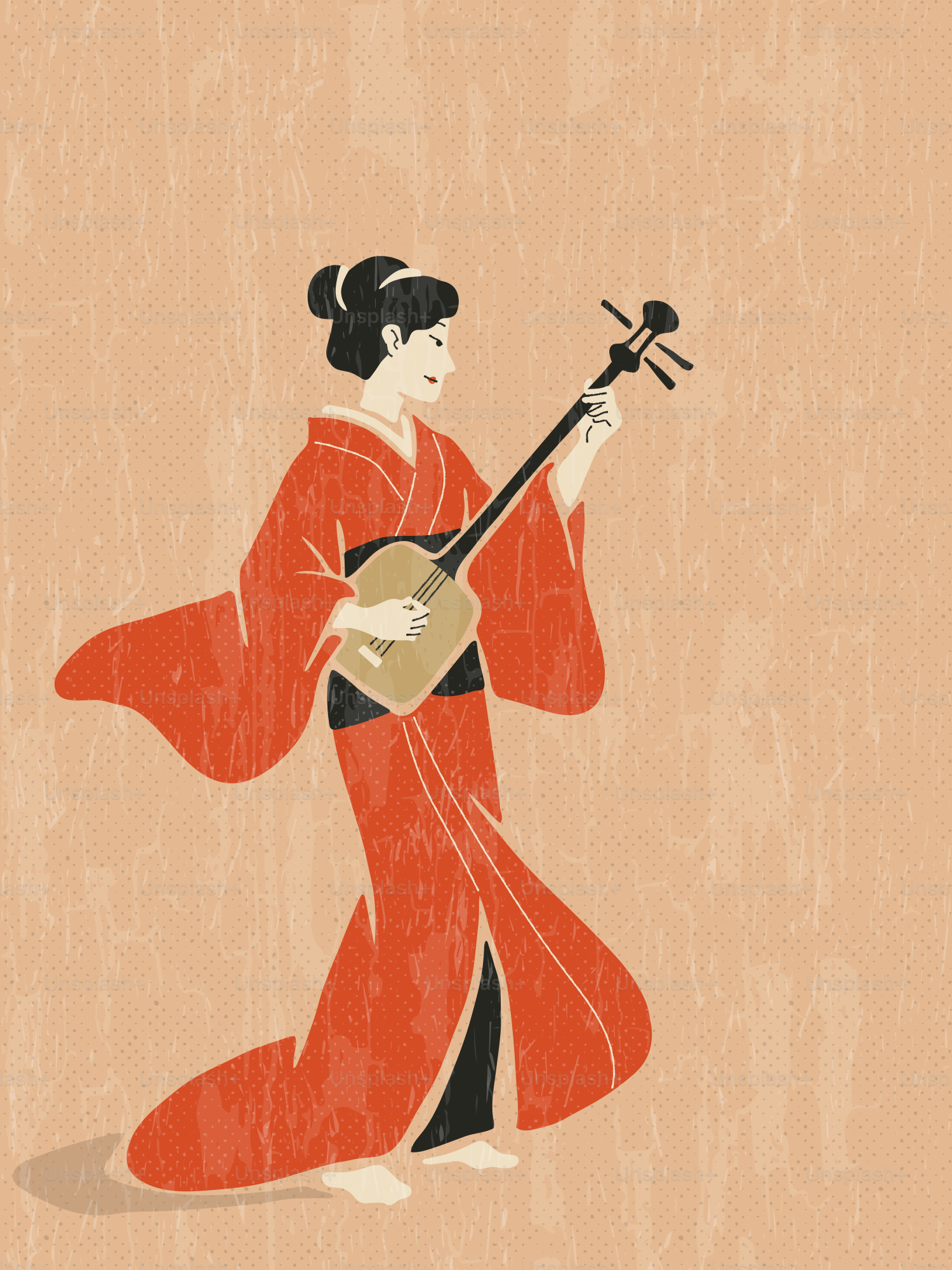 Woman in red kimono playing a shamisen