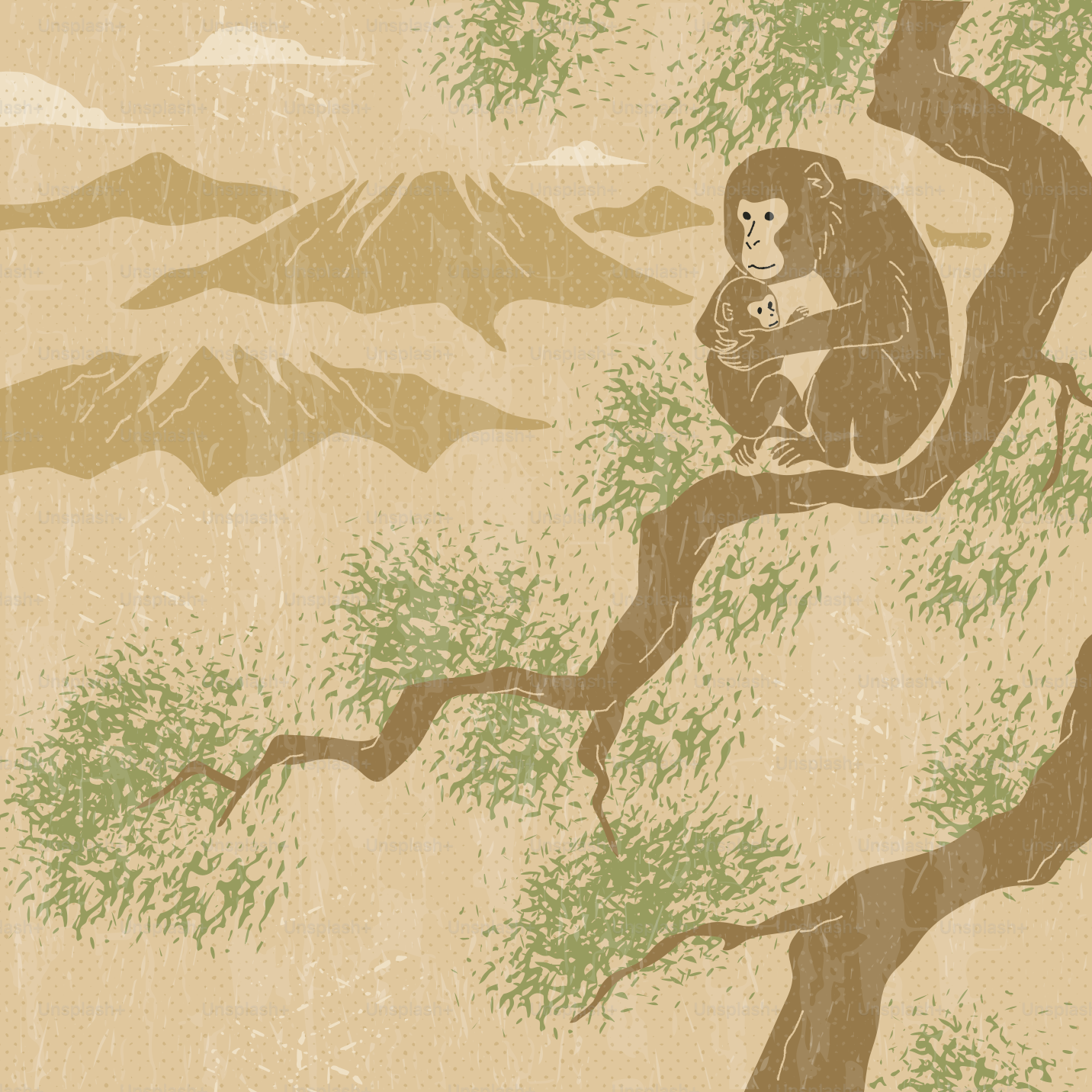 Monkey mother and baby in tree with mountains