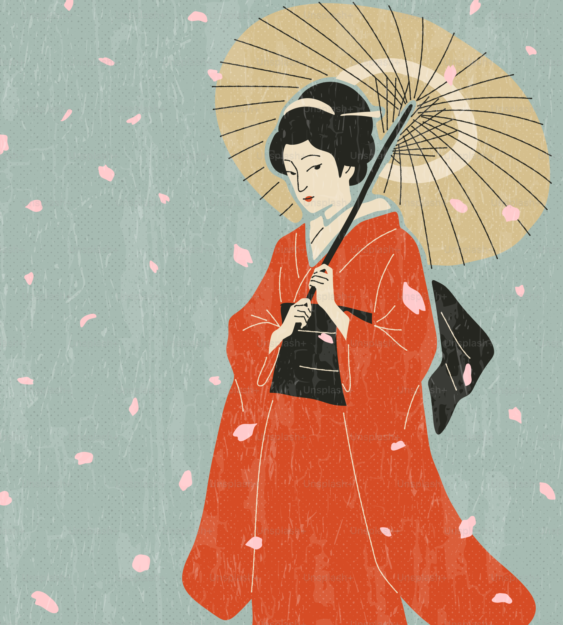 Woman in traditional japanese kimono holding an umbrella
