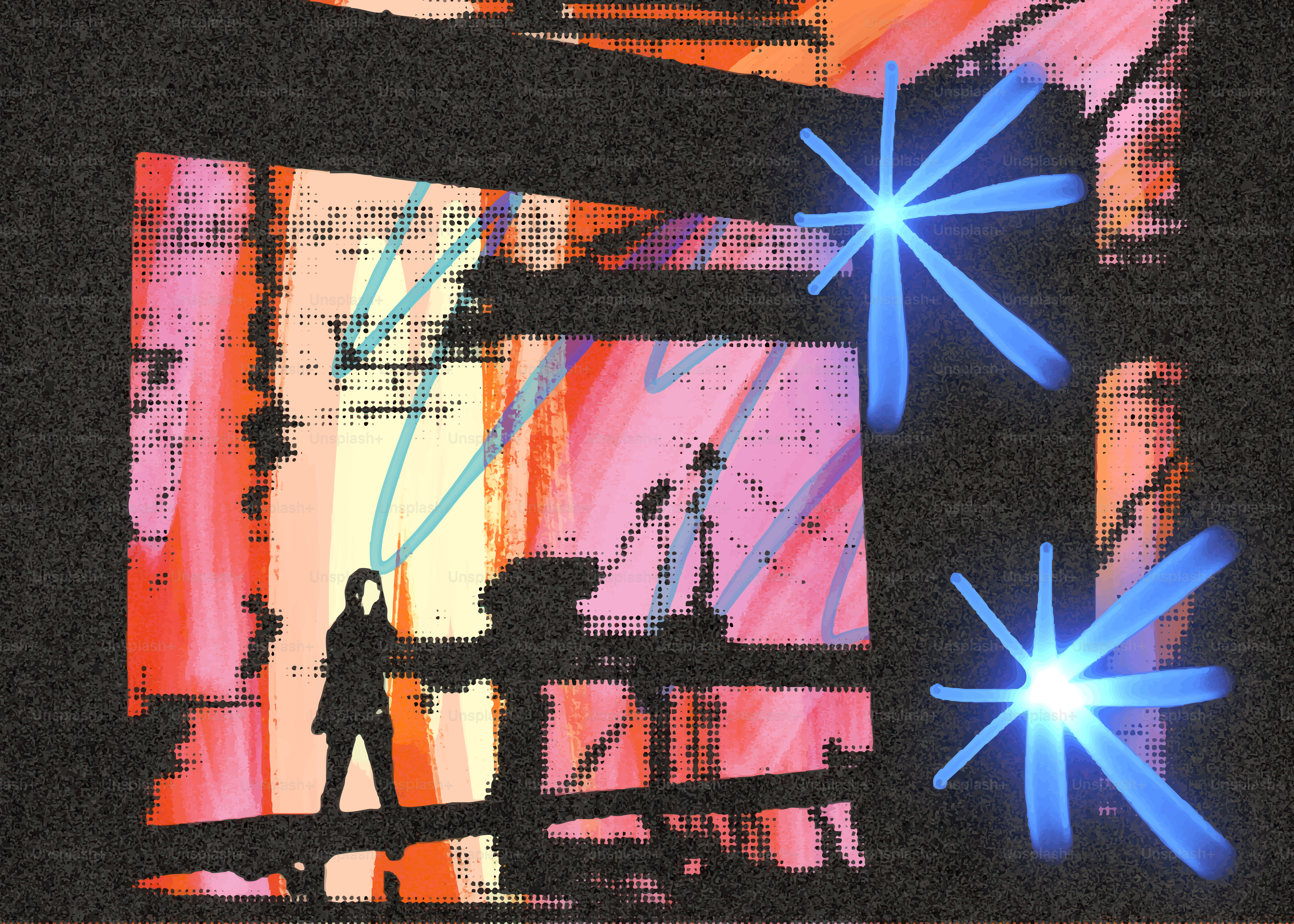 Abstract art projection with glowing blue shapes and pink elements