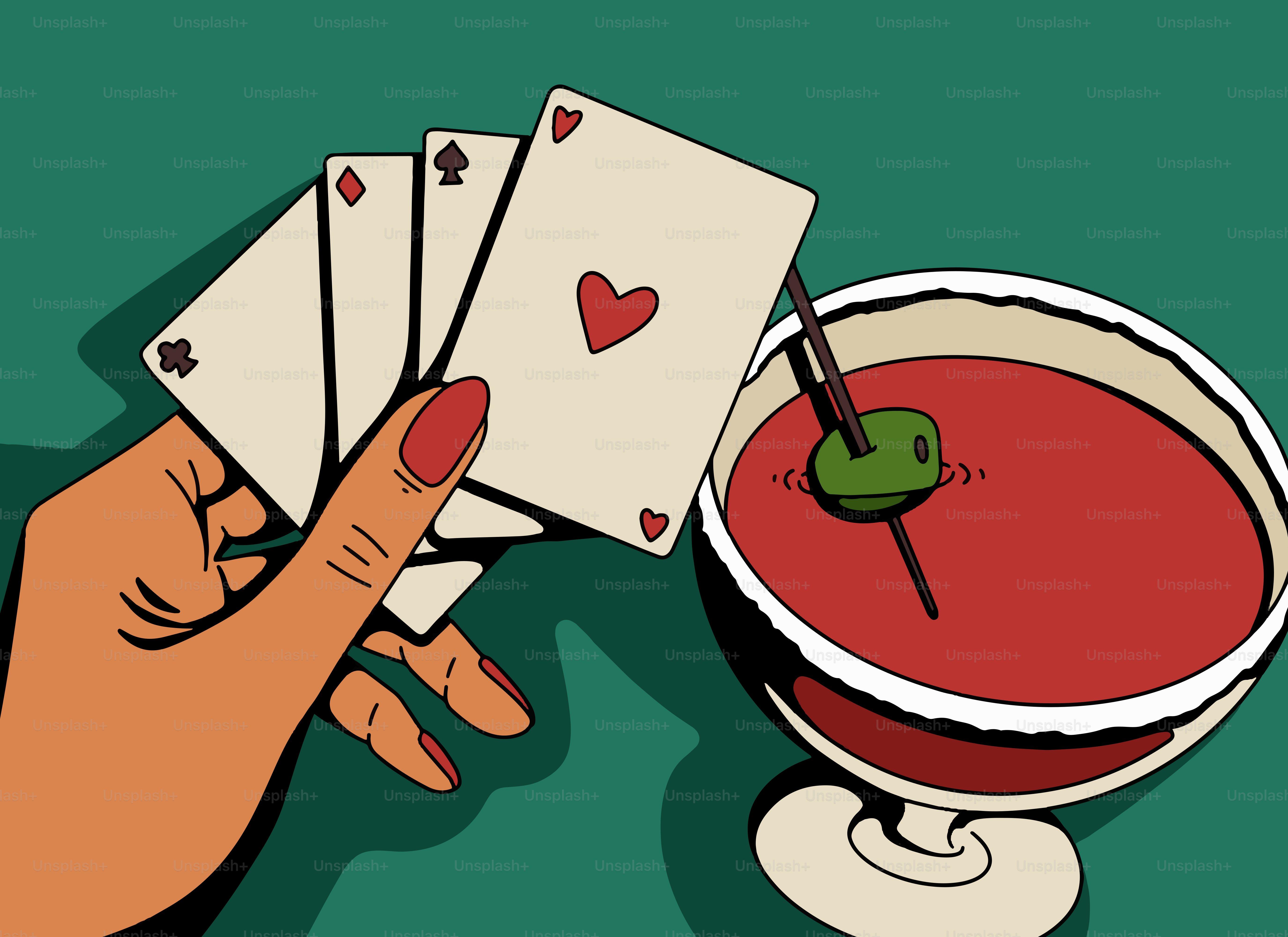 Segurando cartas de mão ao lado de um coquetel com um martíni
