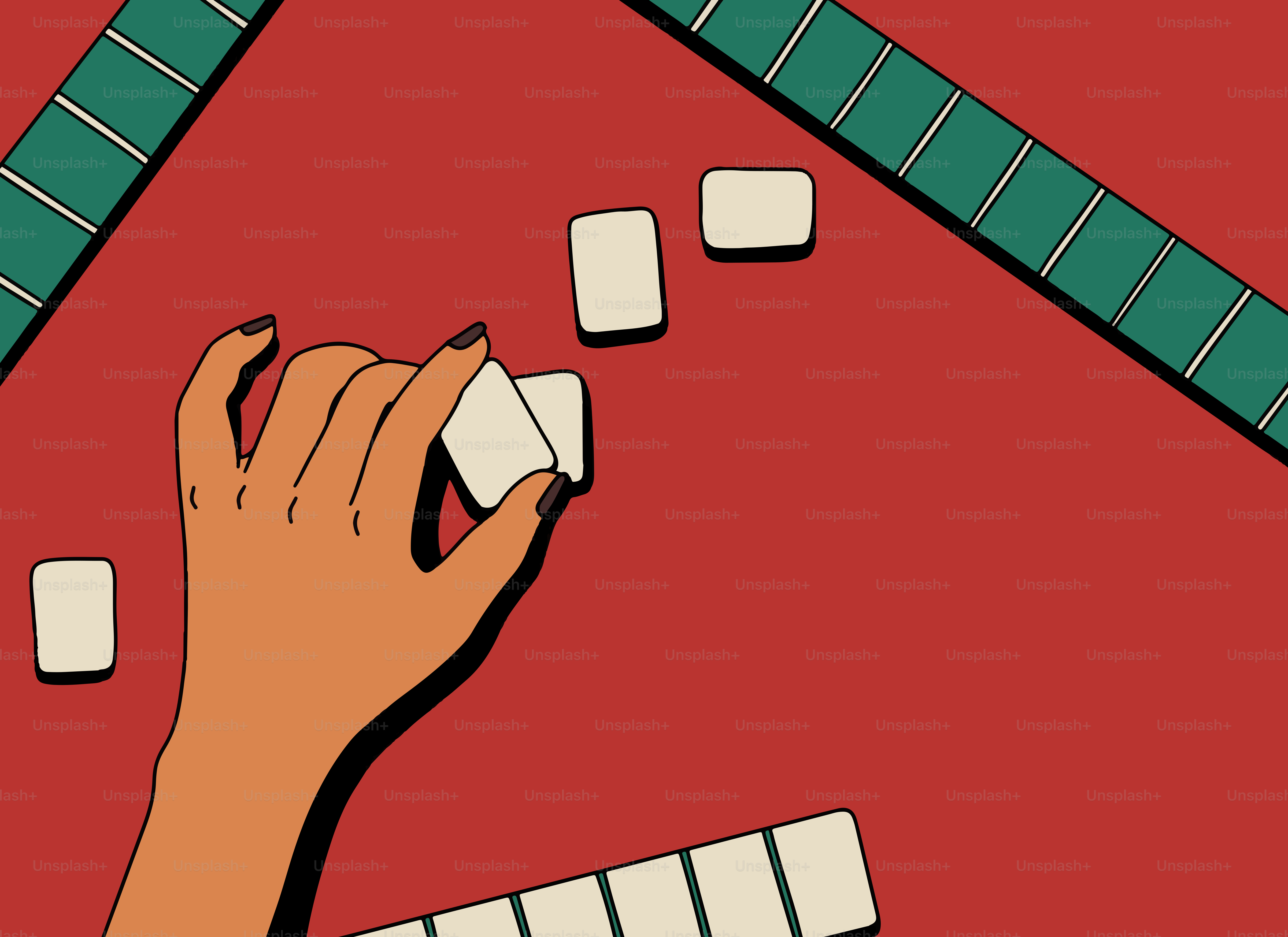 Fliesen von Hand auswählen auf einem roten Mahjong-Tisch