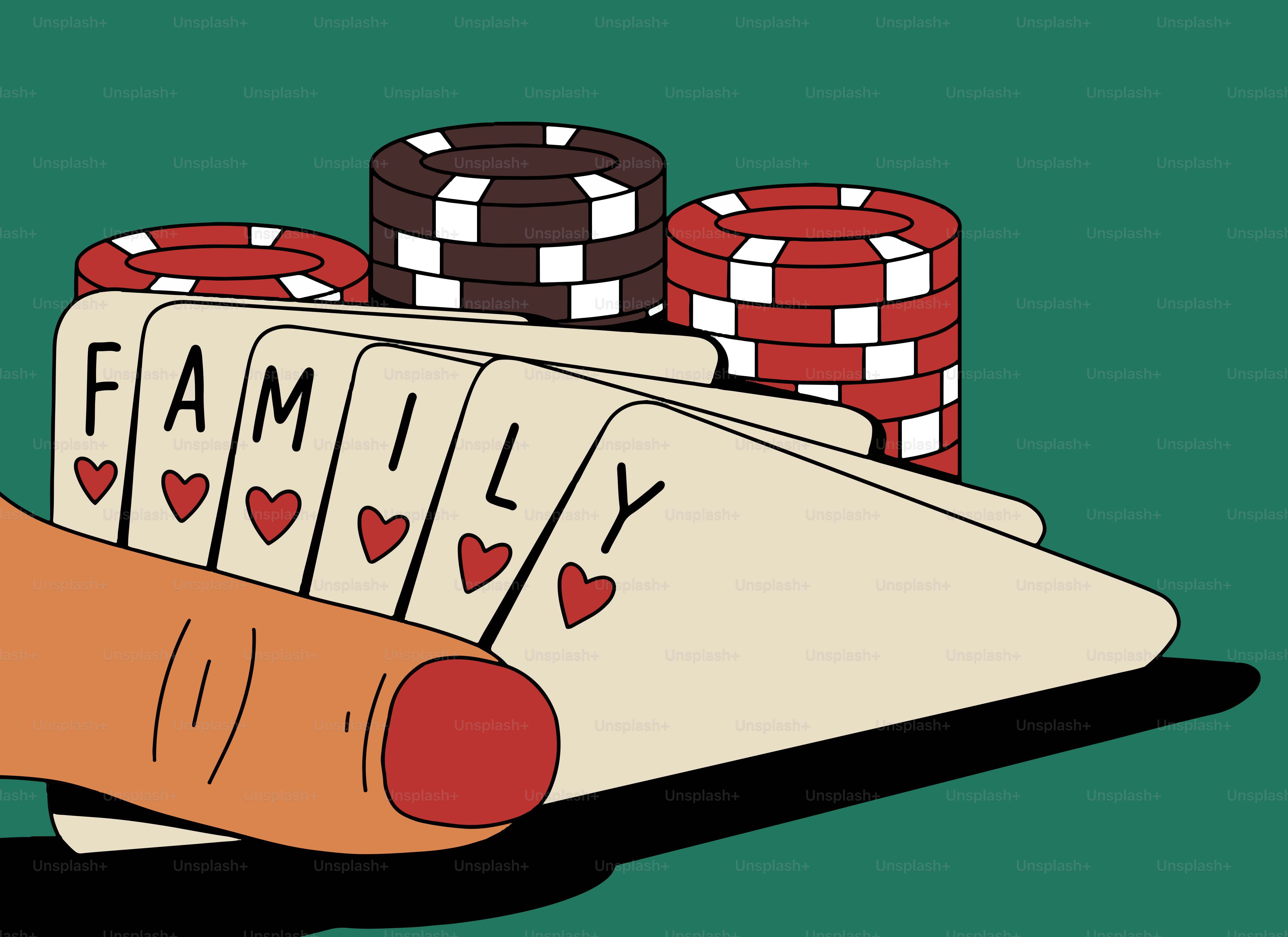 Finger halten Karten, die Familie mit Herzen buchstabieren