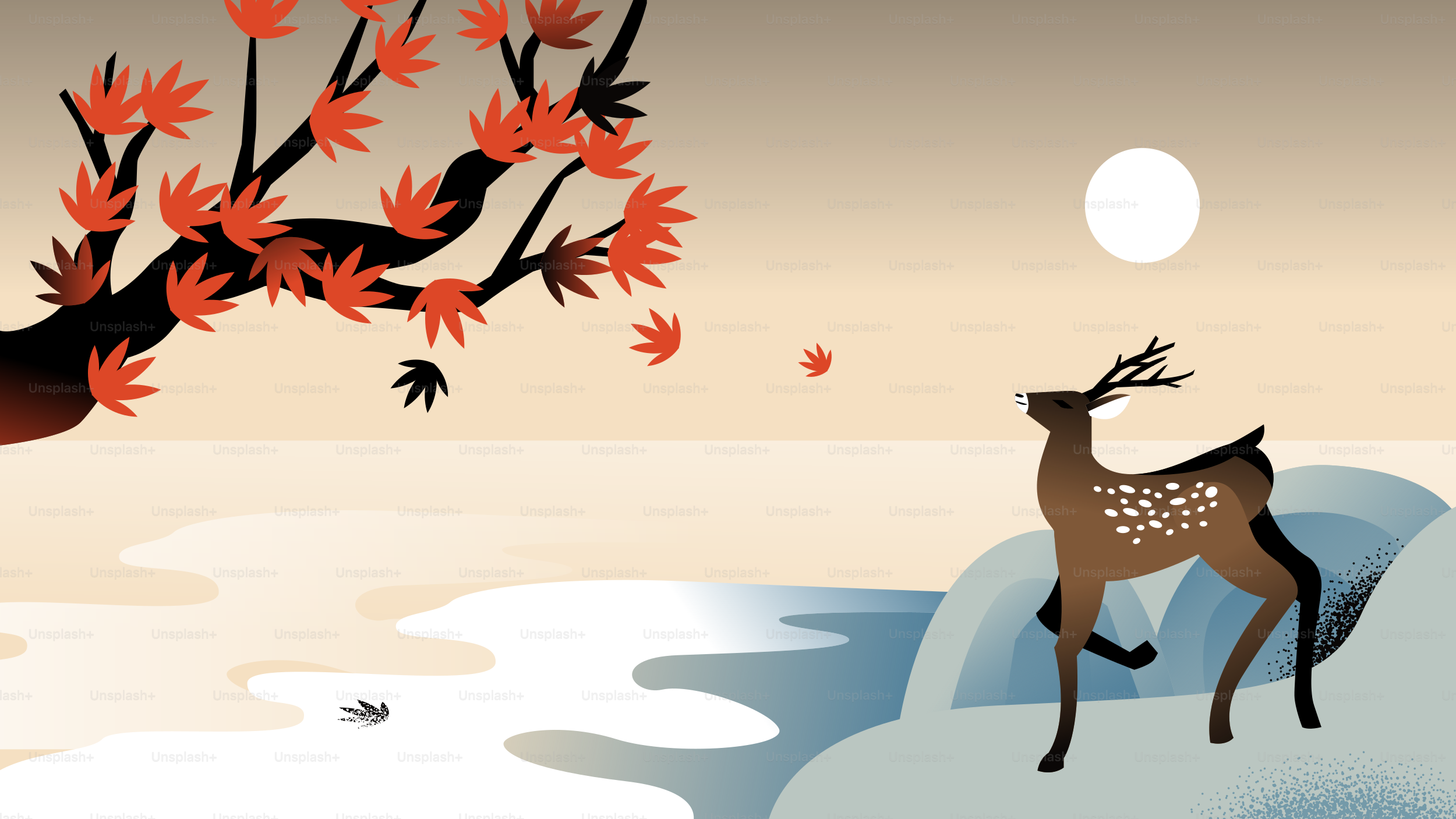 Ciervos junto a un arroyo bajo un árbol con hojas cayendo.