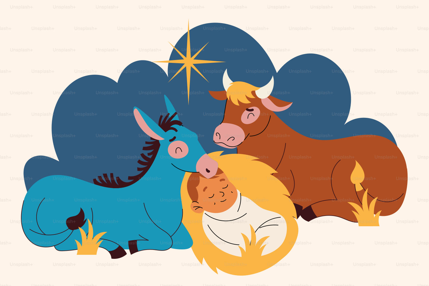 Nativity scene with baby jesus, donkey, and ox.