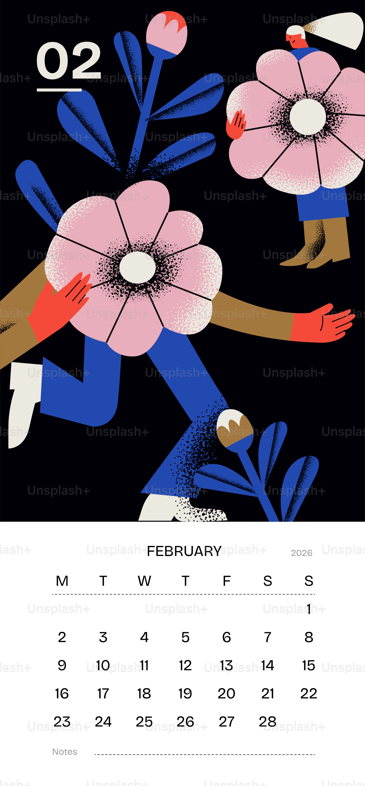 Stylized figures with large flowers and february calendar