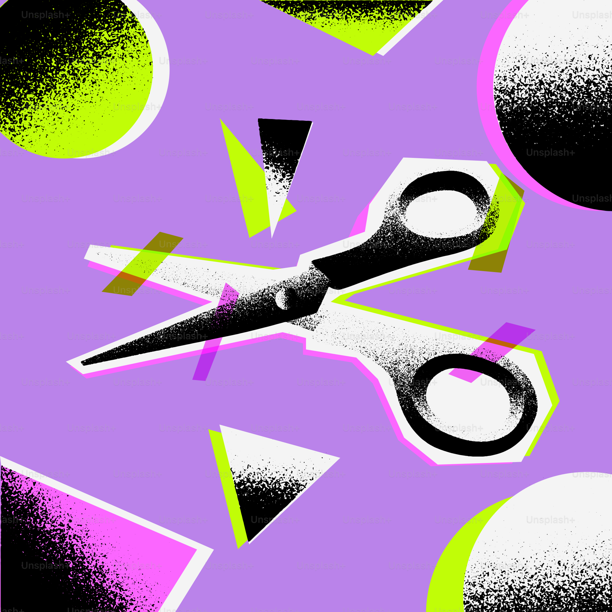 Scissors with geometric shapes on purple background