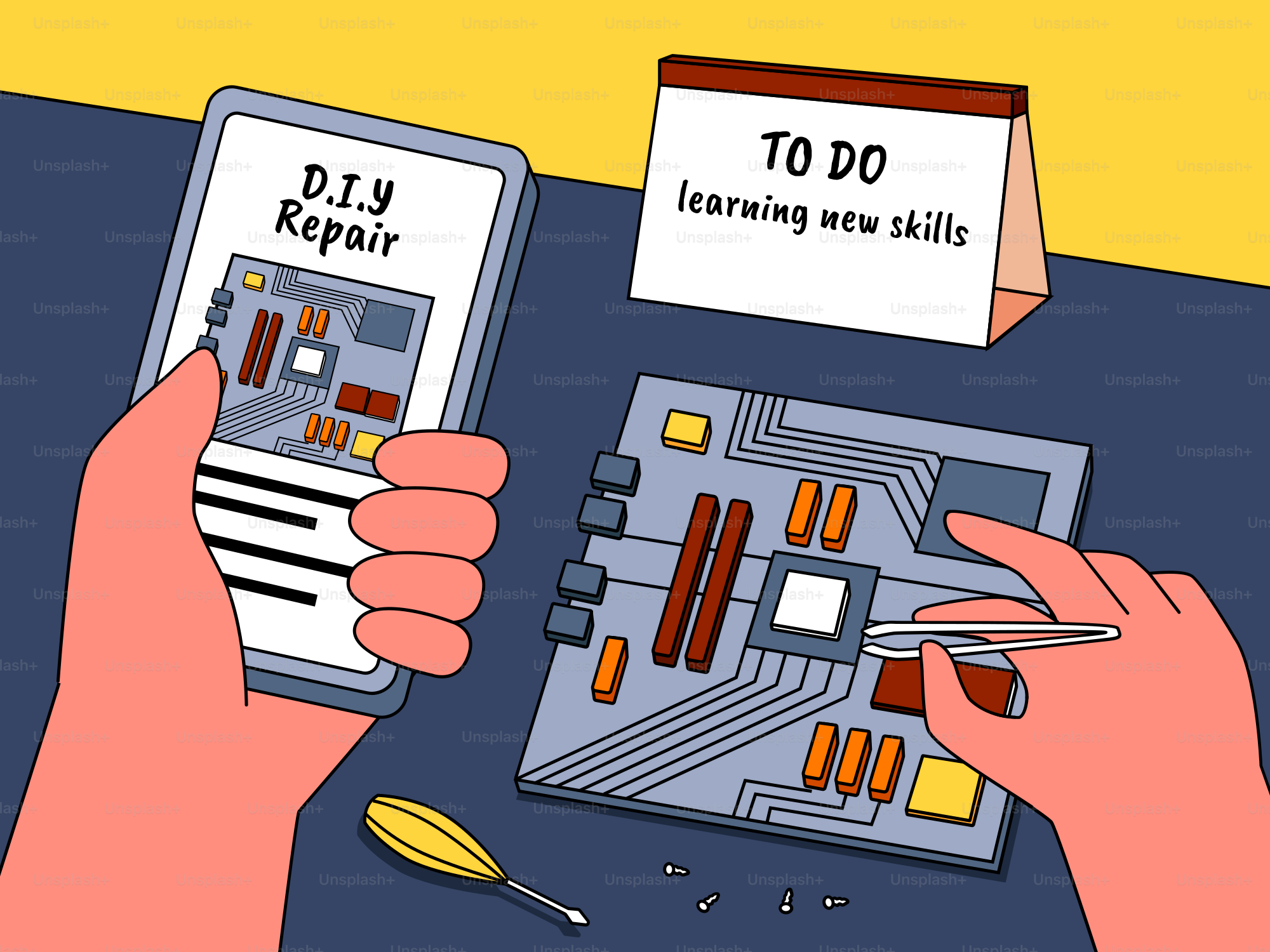 Hands assembling computer motherboard with instructions on-screen instructions.