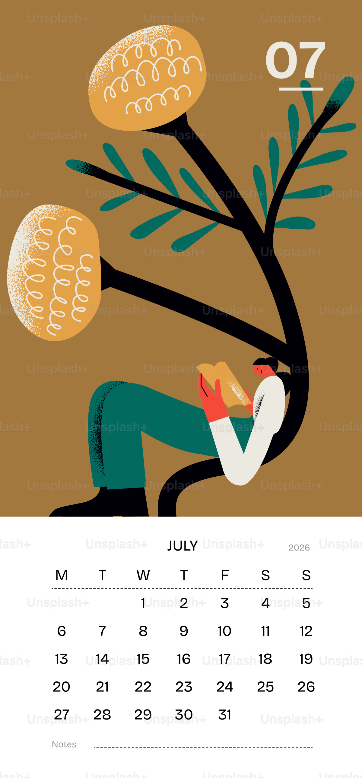 Person reading under a stylized tree with calendar