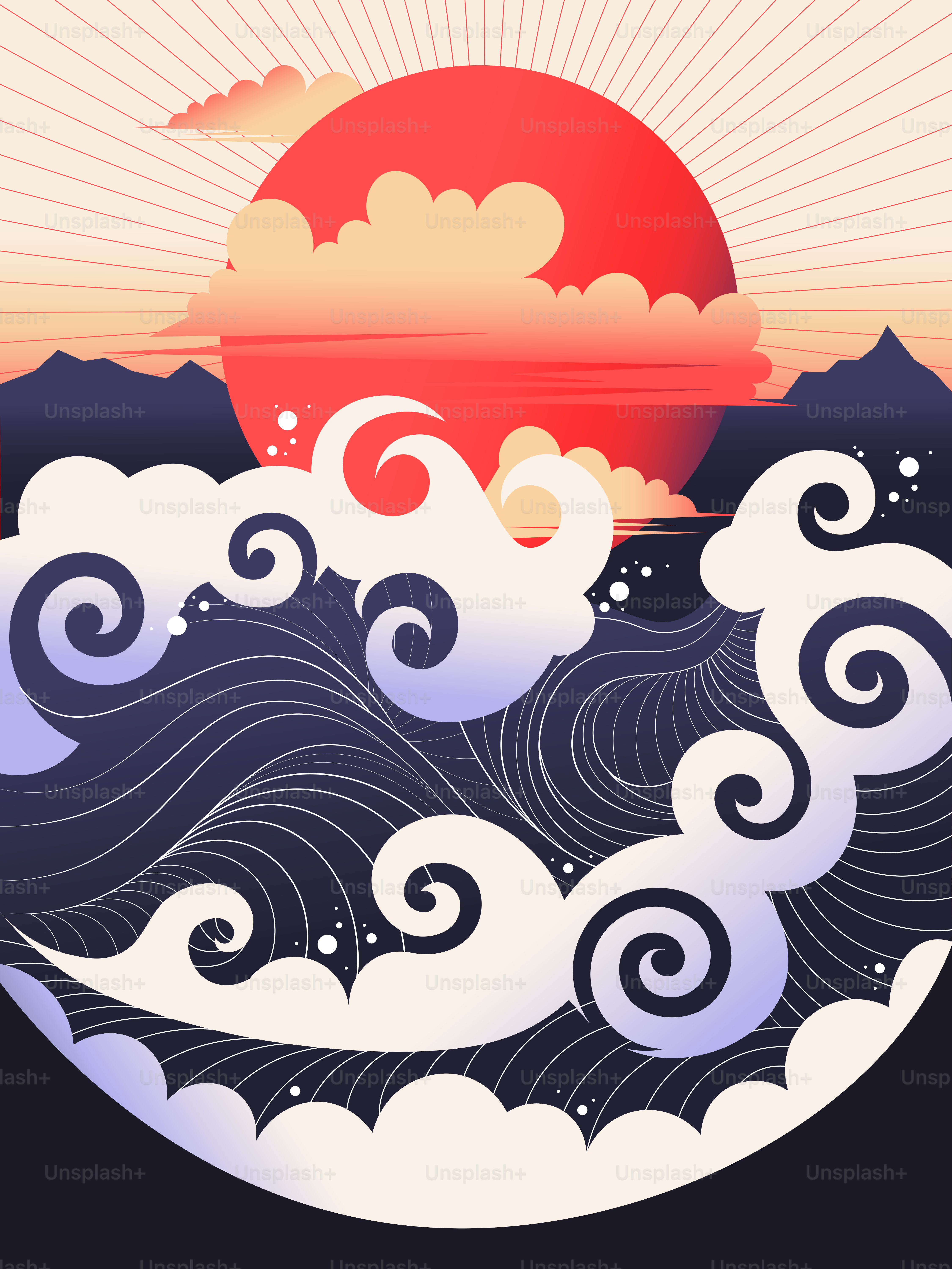Olas estilizadas y sol sobre montañas al atardecer