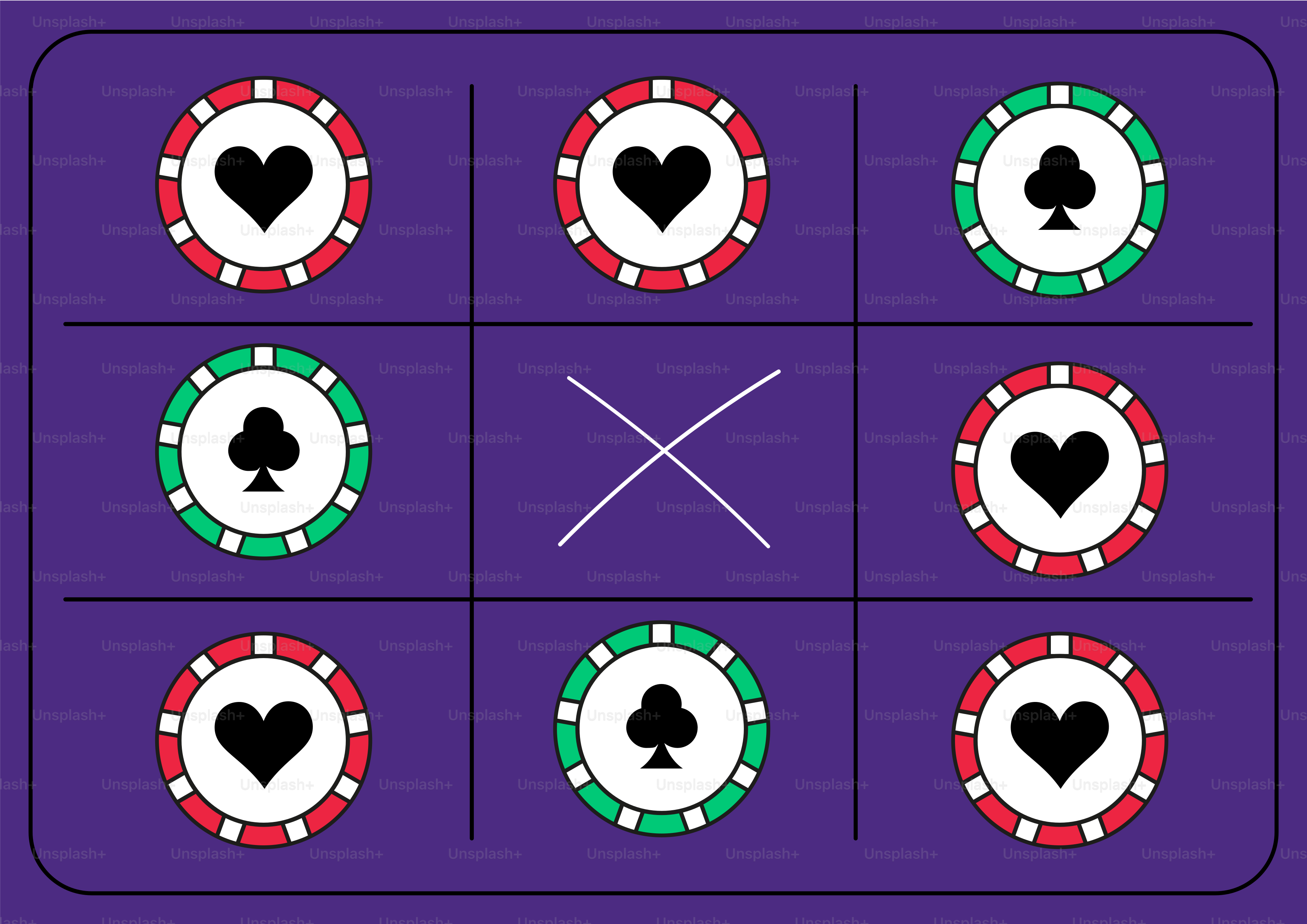 Juego de tres en raya con fichas de póker sobre fondo morado