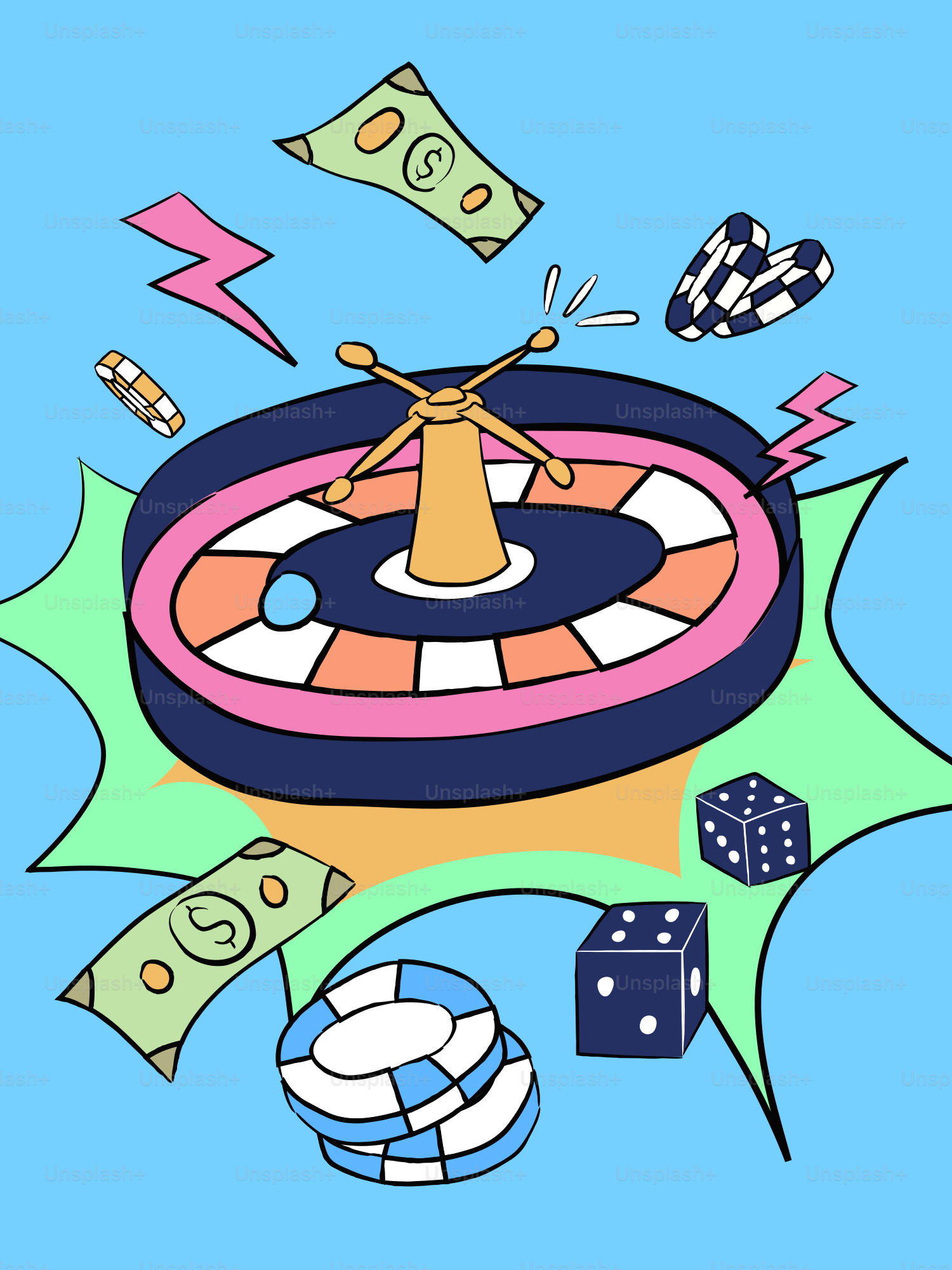 Roulette wheel with dice, chips, and money