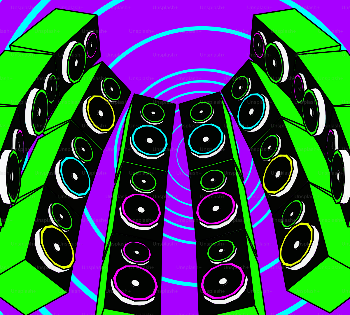 Altavoces verdes sobre fondo espiral morado