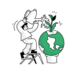 Person watering a plant growing from earth globe.